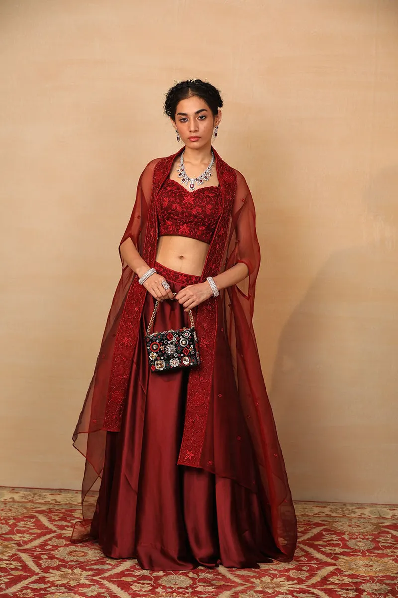 Alvira Maroon Lehenga With Cape