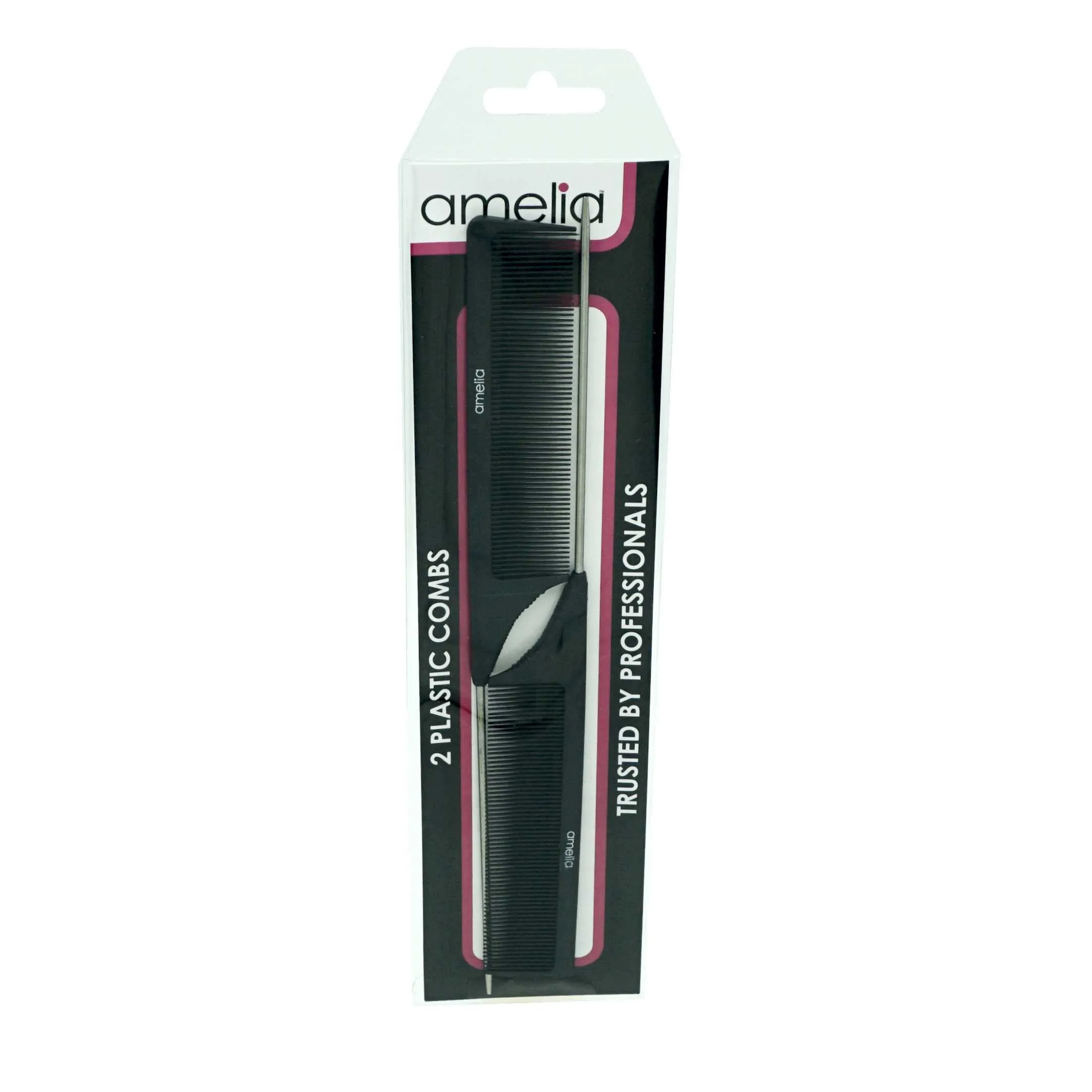 Amelia Beauty, 9in Black Plastic Pin Stainless Tail Fine Tooth, Professional Grade Hair Comb, For Highlighting, Sectioning & Styling Hair with Pin Tip, Wet or Dry, 9"x1", 2 Pack