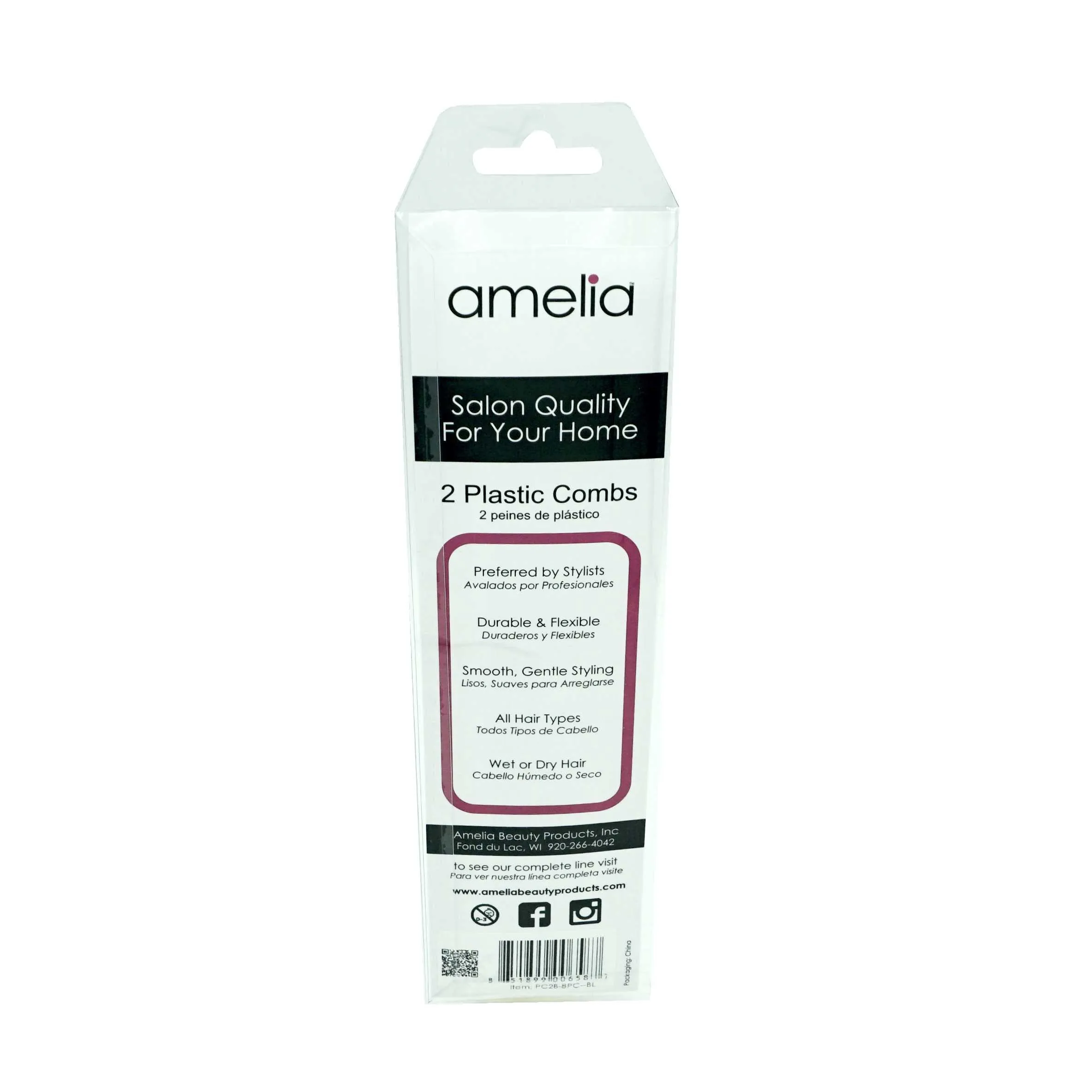 Amelia Beauty, 9in Black Plastic Pin Stainless Tail Fine Tooth, Professional Grade Hair Comb, For Highlighting, Sectioning & Styling Hair with Pin Tip, Wet or Dry, 9"x1", 2 Pack