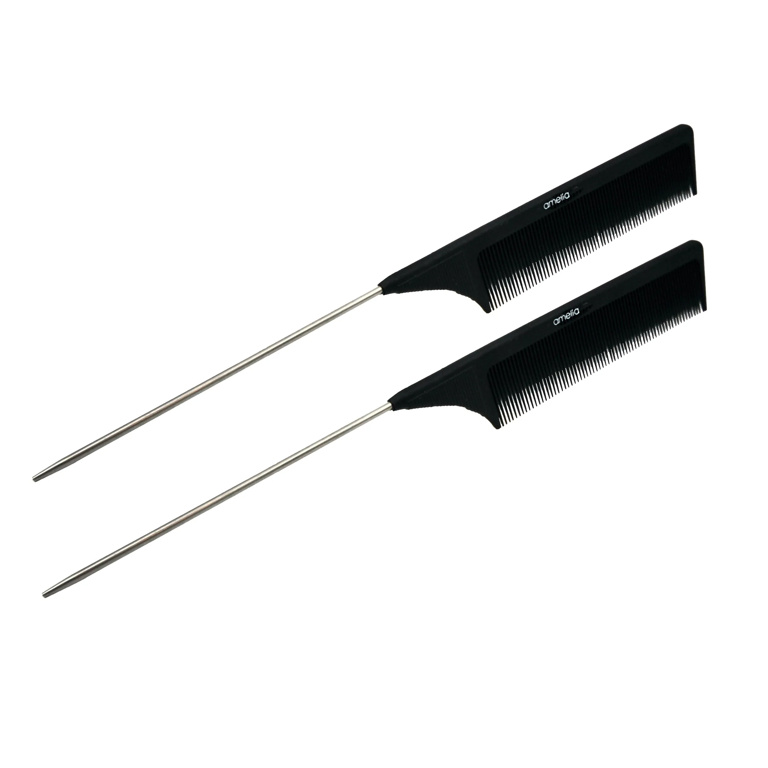 Amelia Beauty, 9in Black Plastic Pin Stainless Tail Fine Tooth, Professional Grade Hair Comb, For Highlighting, Sectioning & Styling Hair with Pin Tip, Wet or Dry, 9"x1", 2 Pack