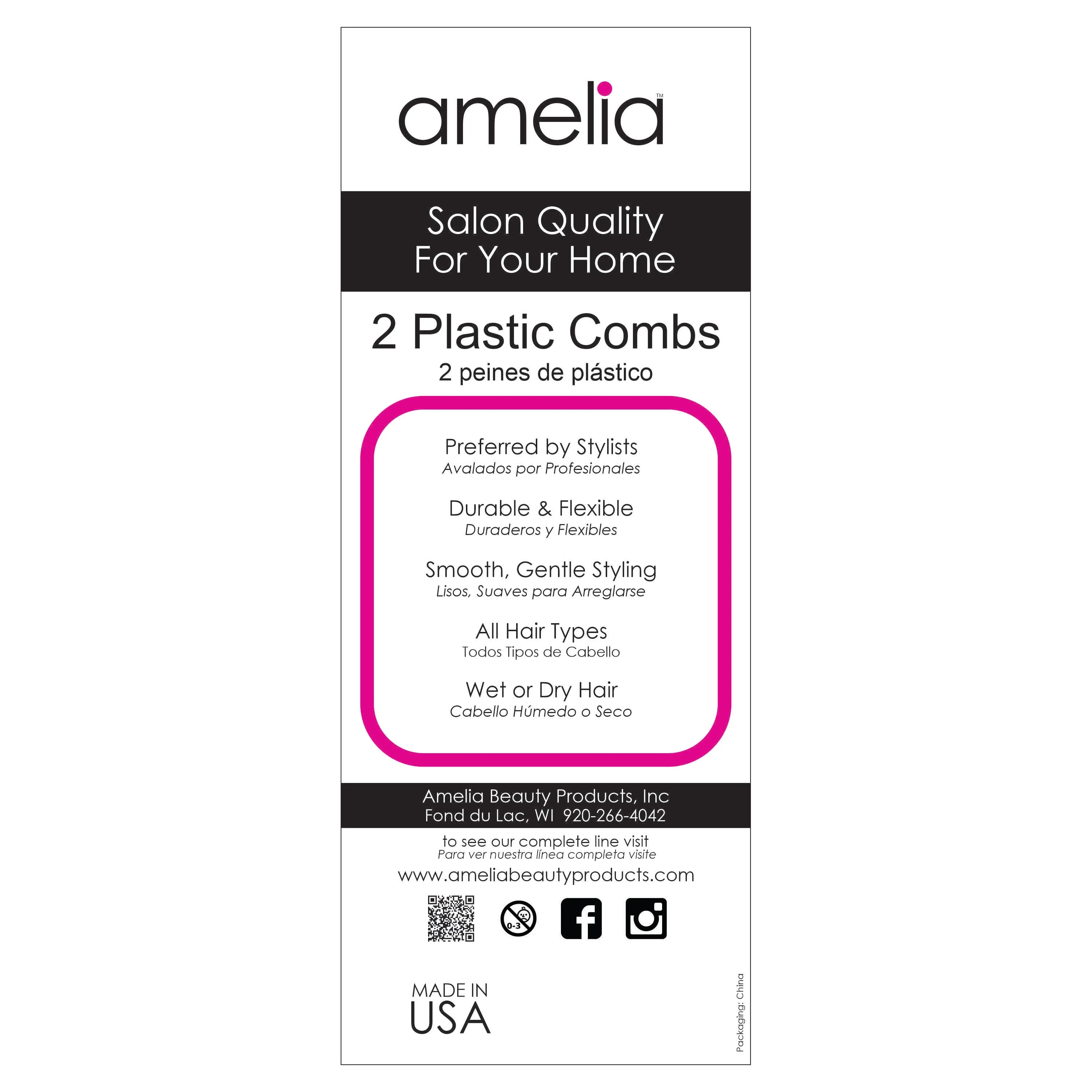 Amelia Beauty, 9in Black Plastic Pin Stainless Tail Fine Tooth, Professional Grade Hair Comb, For Highlighting, Sectioning & Styling Hair with Pin Tip, Wet or Dry, 9"x1", 2 Pack