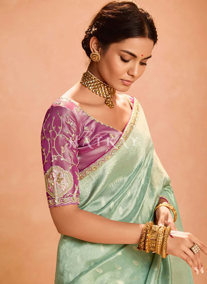 Aqua Blue And Purple Embroidery Saree
