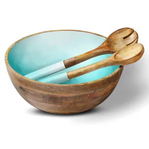 Aqua Ombre 12" Wood Bowl w/ Matching Servers Trinquet