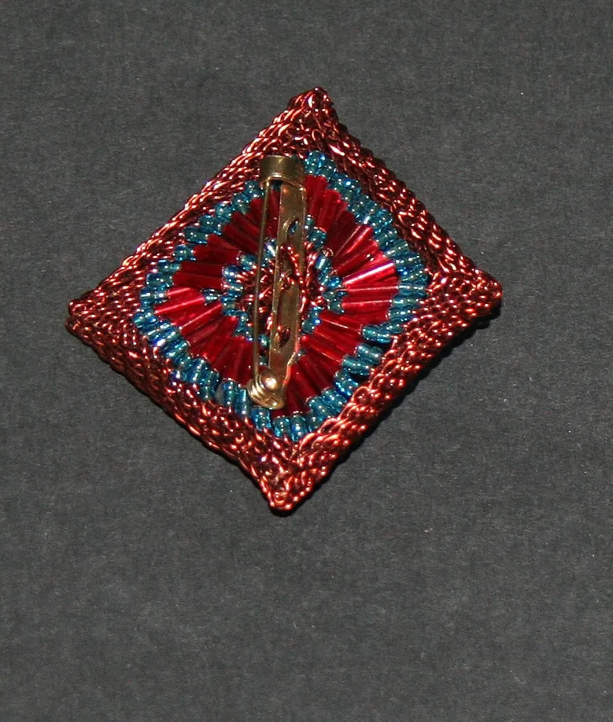 Beaded Brooch Pin Copper Wire and Teal Red Glass Beads White Handmade 2.25" X 2.75"