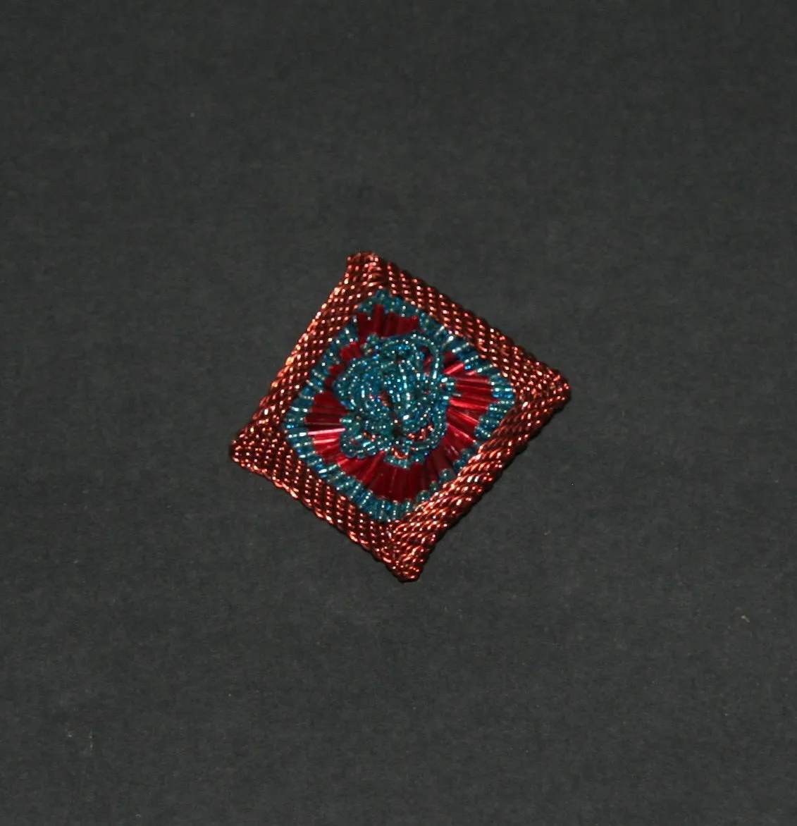 Beaded Brooch Pin Copper Wire and Teal Red Glass Beads White Handmade 2.25" X 2.75"