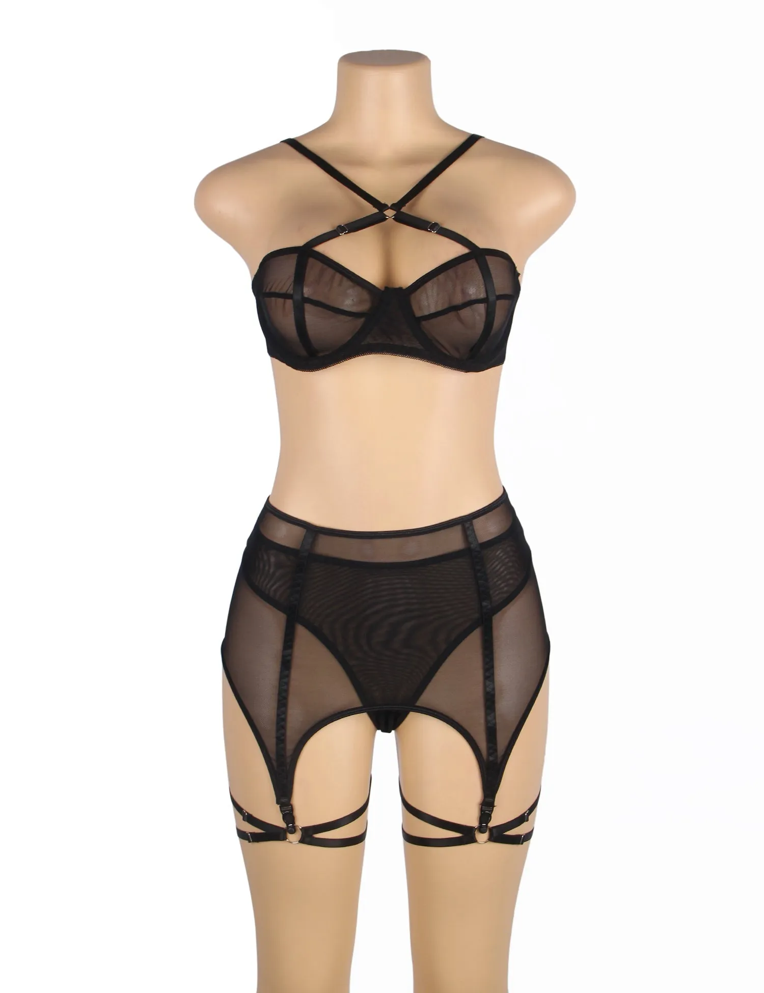Black Mesh Underwire Garter Lingerie Set