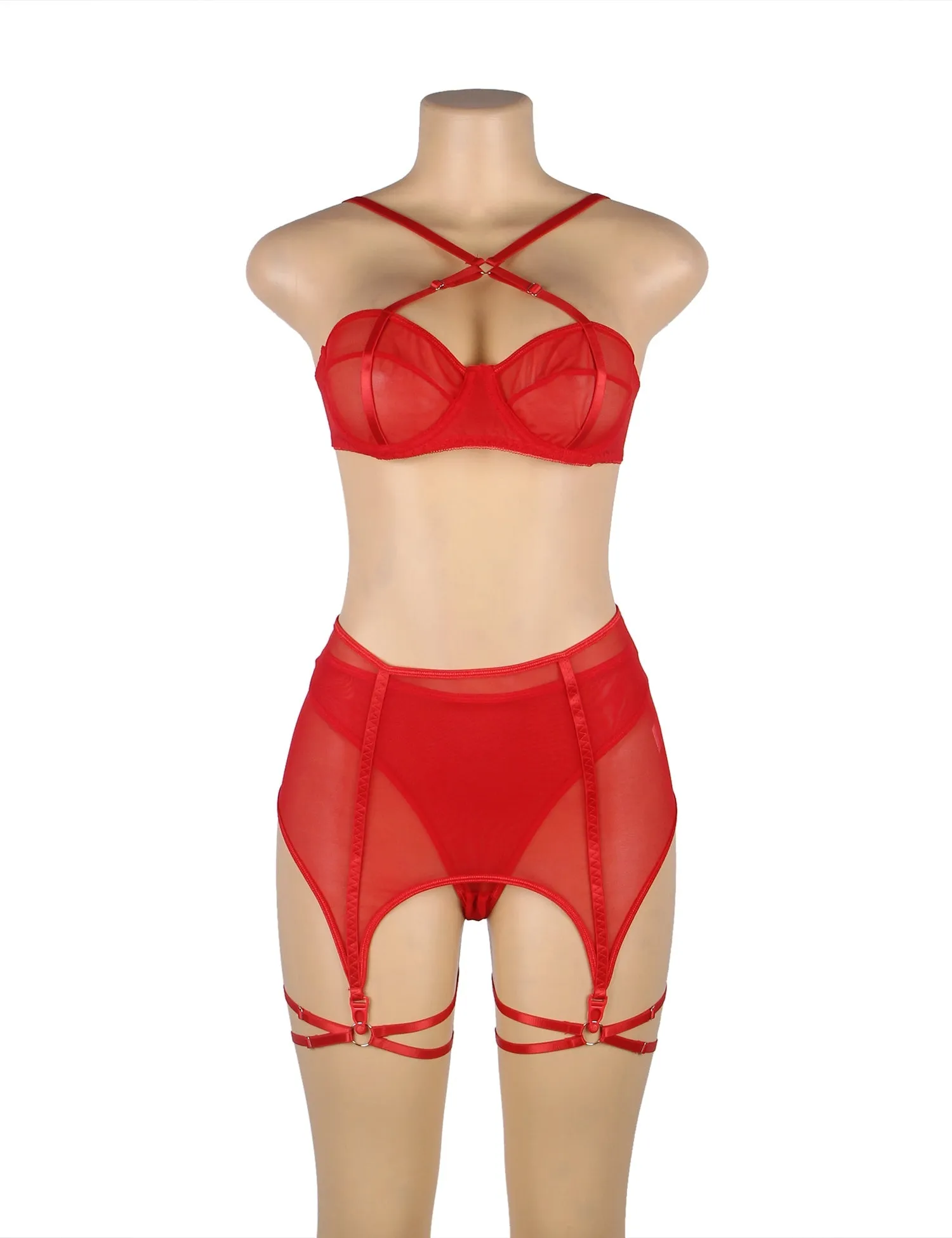 Black Mesh Underwire Garter Lingerie Set