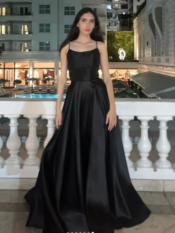 Black Spaghetti Strap Sleeveless A-line Satin Evening Prom Dresses Online, OLP850