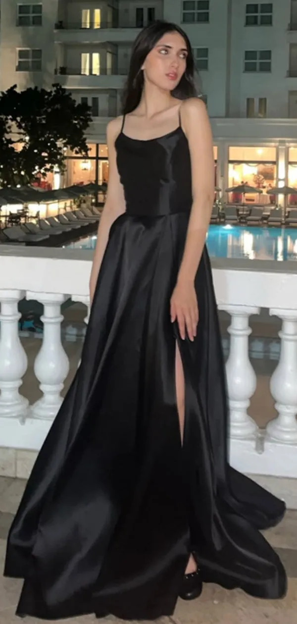 Black Spaghetti Strap Sleeveless A-line Satin Evening Prom Dresses Online, OLP850