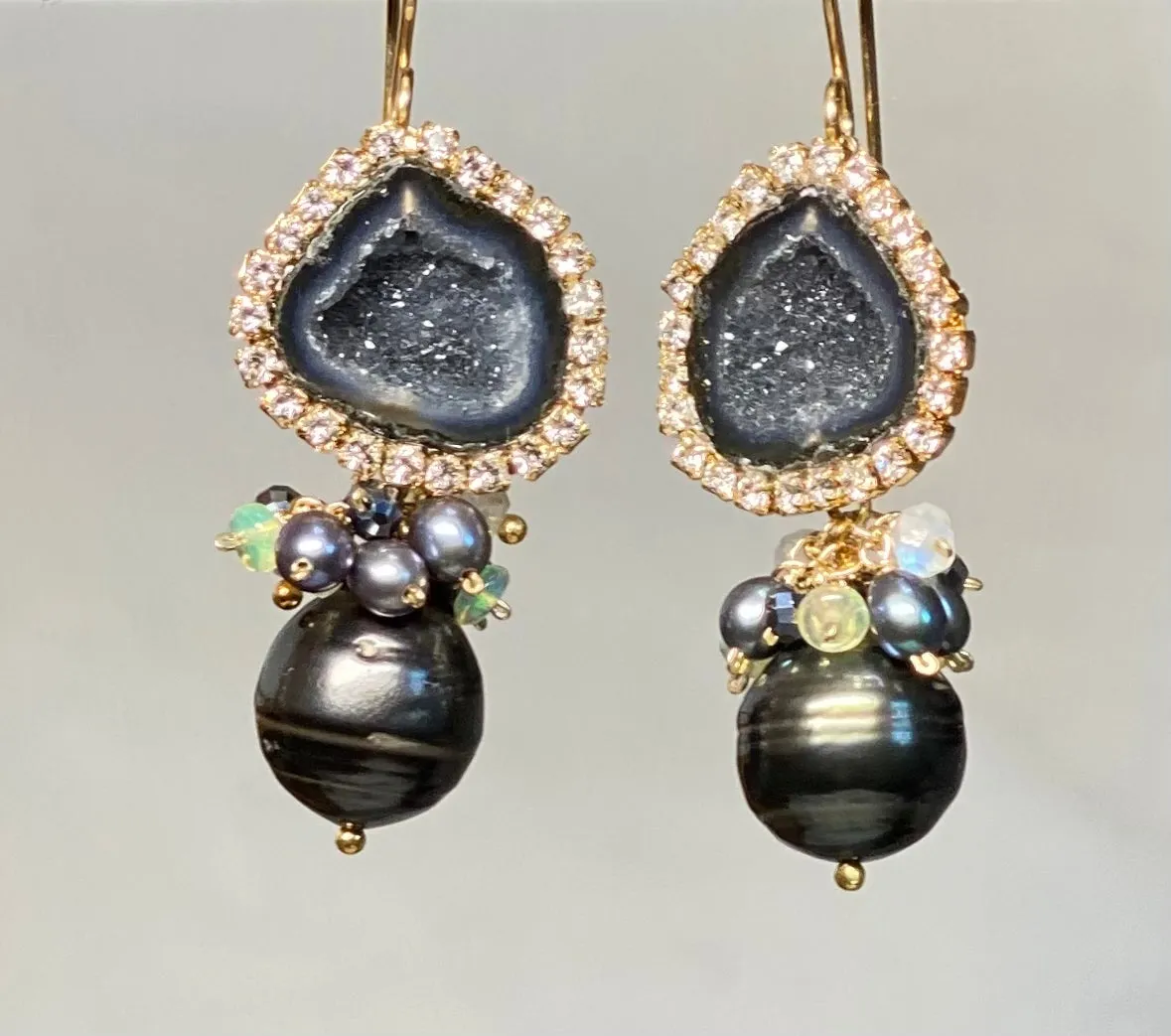 Black Tabasco Geode Earrings with Tahitian Pearls and Opal Clusters