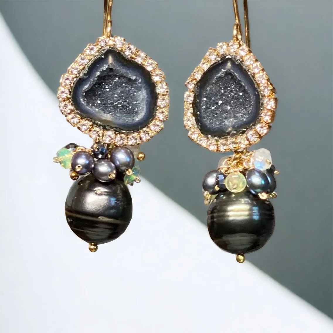 Black Tabasco Geode Earrings with Tahitian Pearls and Opal Clusters