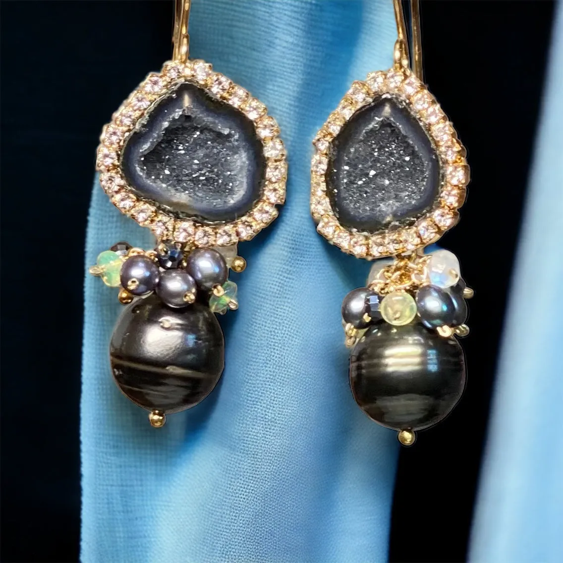 Black Tabasco Geode Earrings with Tahitian Pearls and Opal Clusters