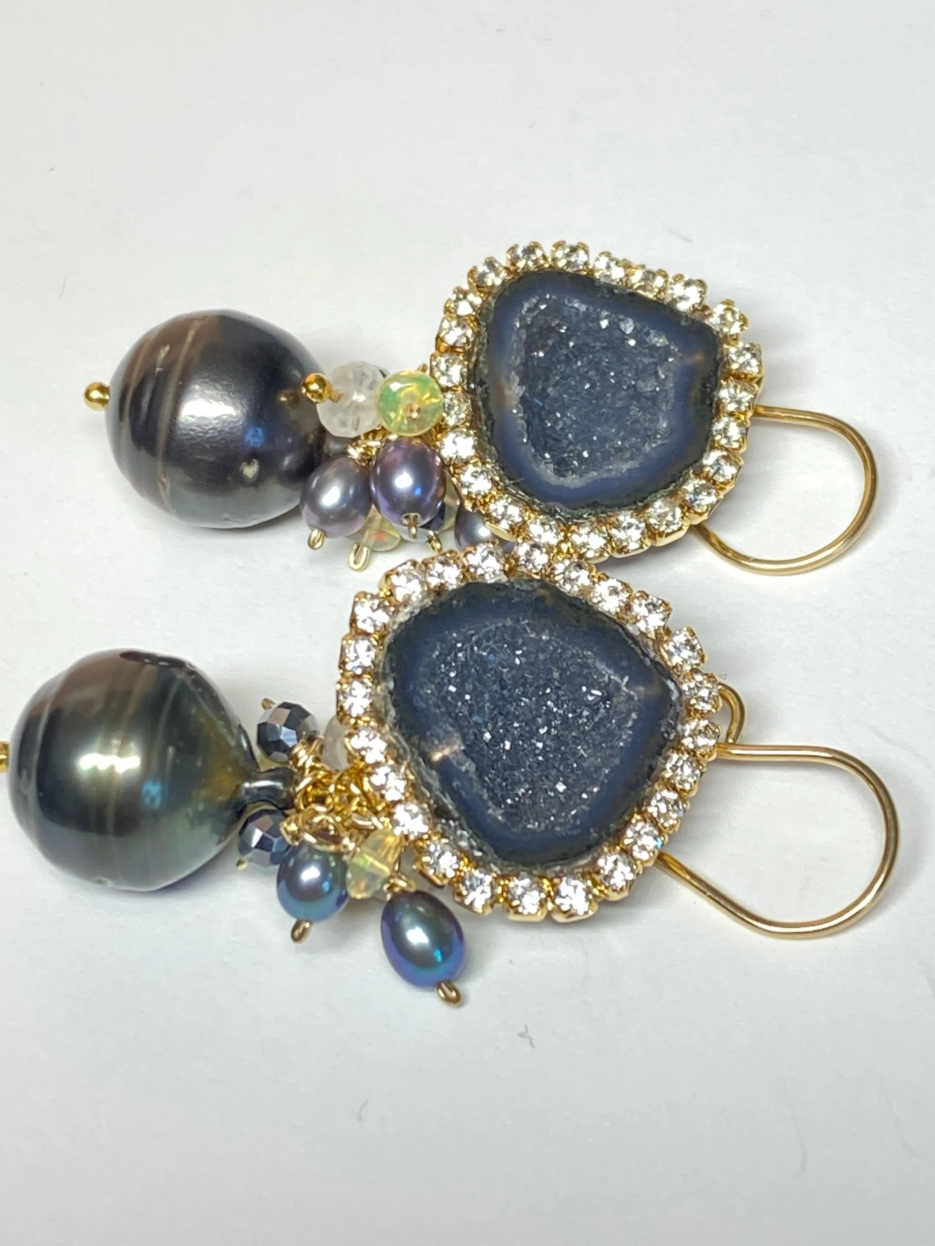 Black Tabasco Geode Earrings with Tahitian Pearls and Opal Clusters