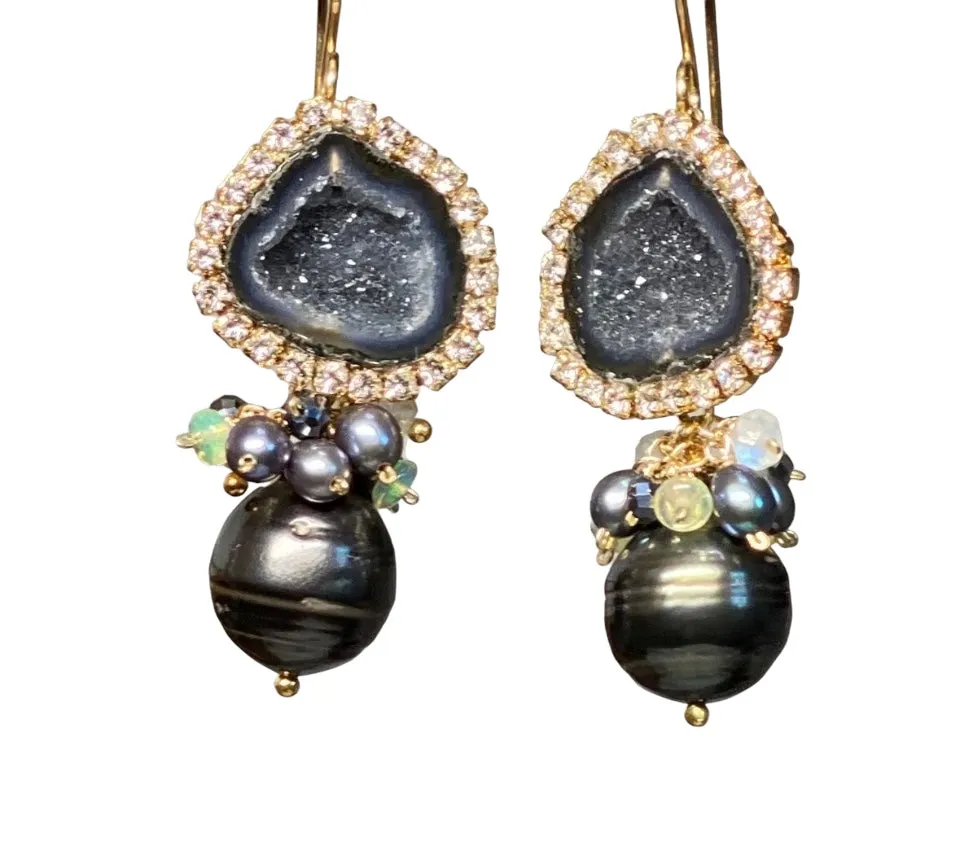 Black Tabasco Geode Earrings with Tahitian Pearls and Opal Clusters