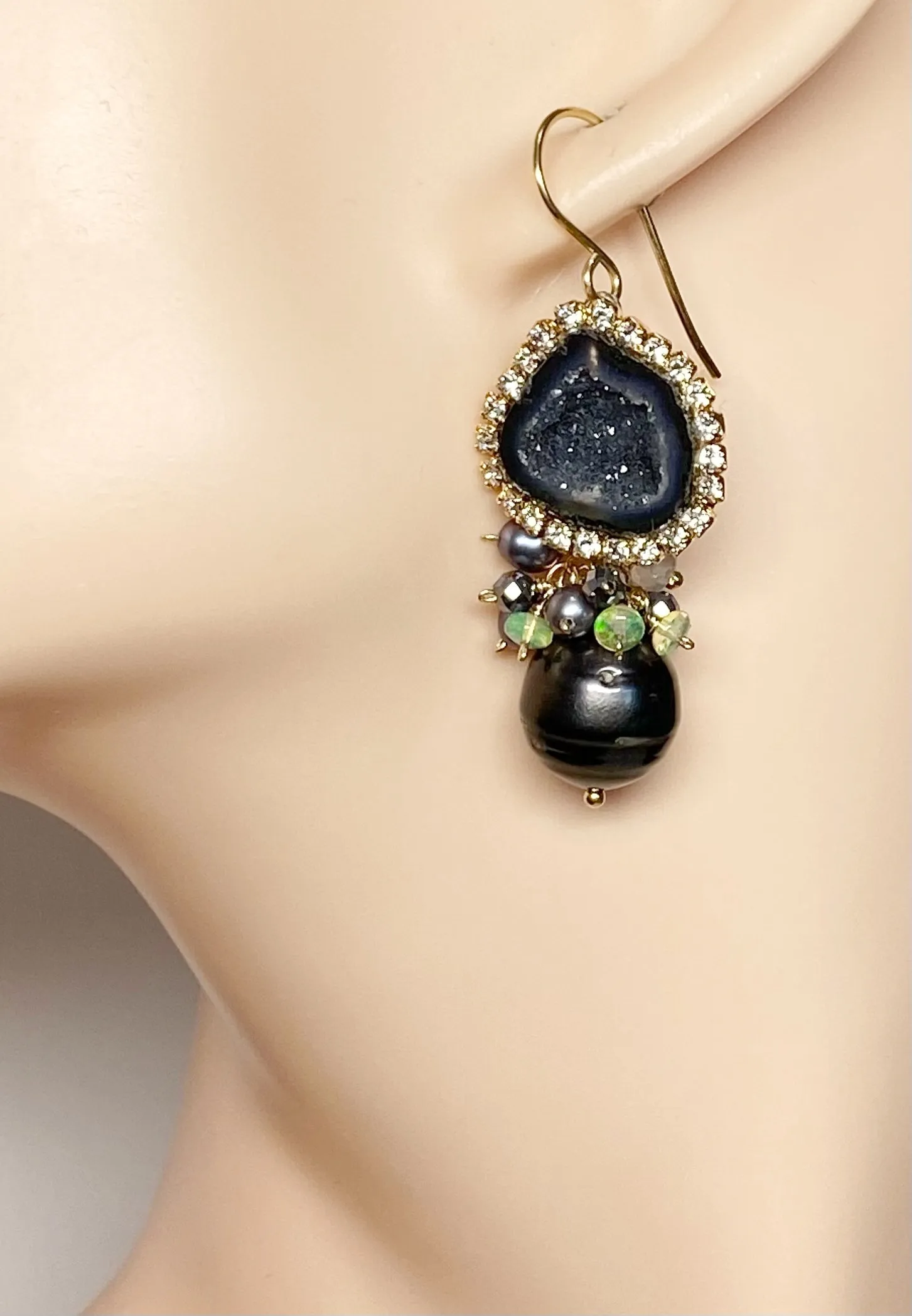 Black Tabasco Geode Earrings with Tahitian Pearls and Opal Clusters