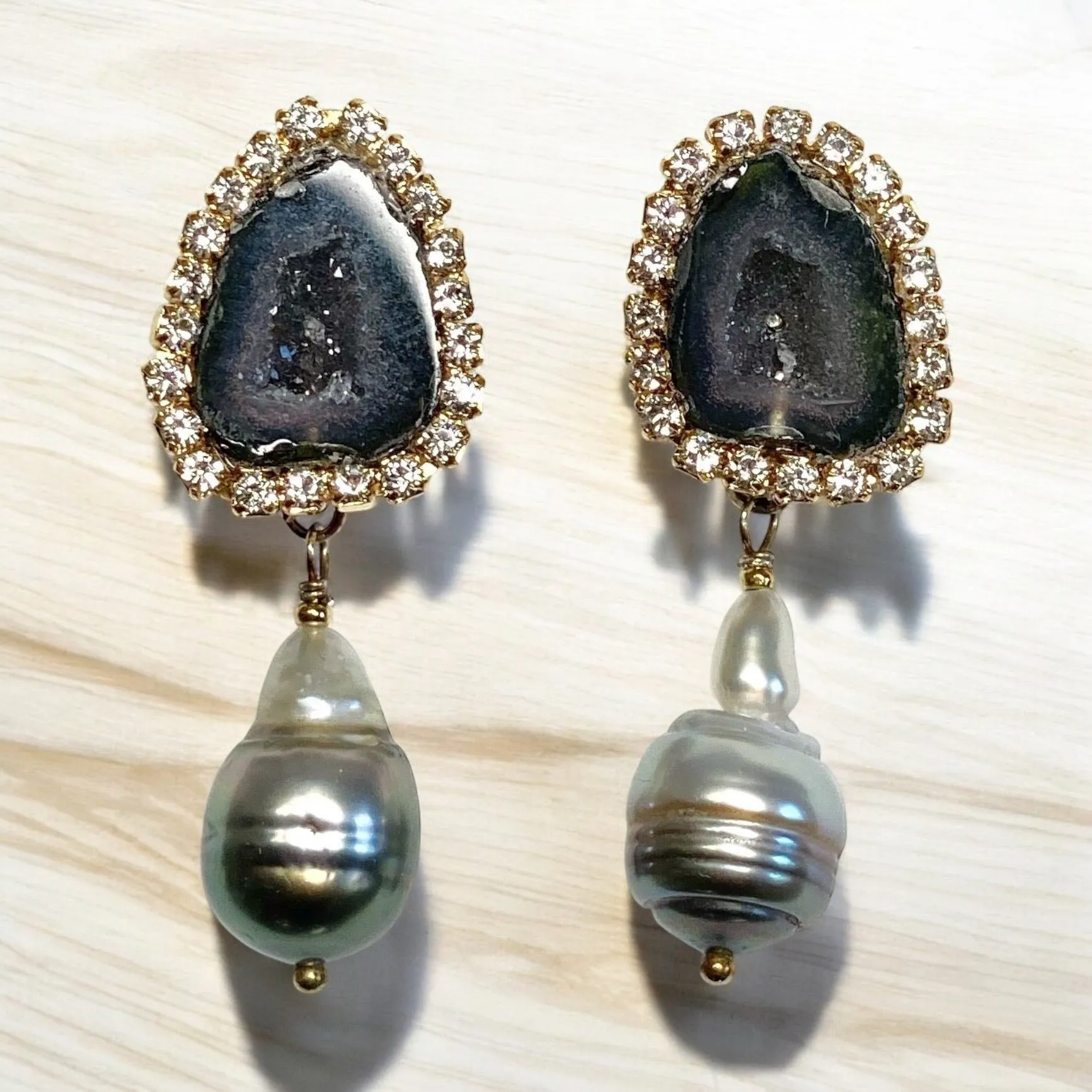 Black Tabasco Geode Earrings with Tahitian Pearls