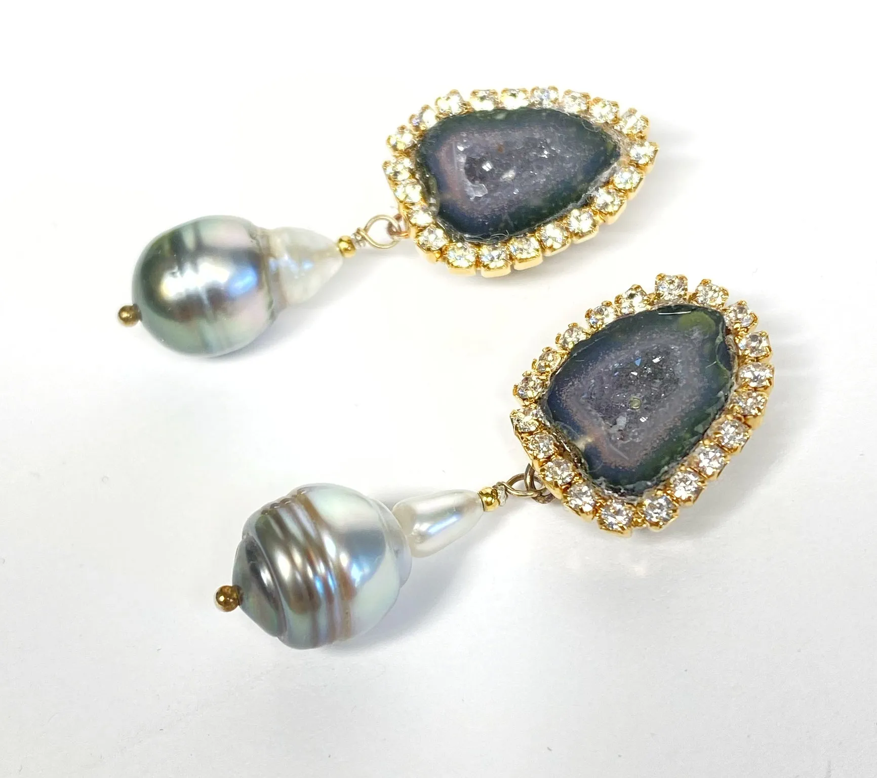 Black Tabasco Geode Earrings with Tahitian Pearls