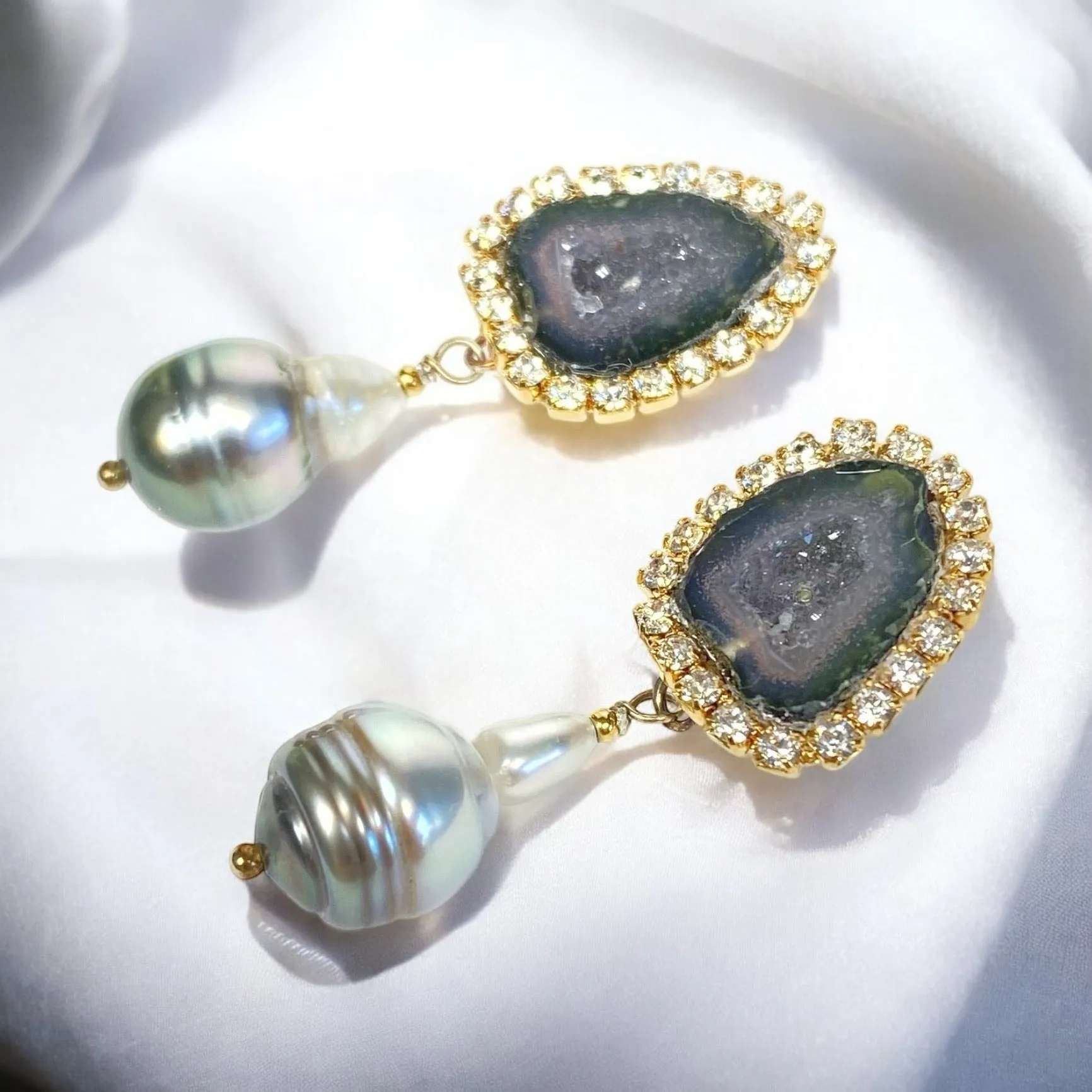Black Tabasco Geode Earrings with Tahitian Pearls