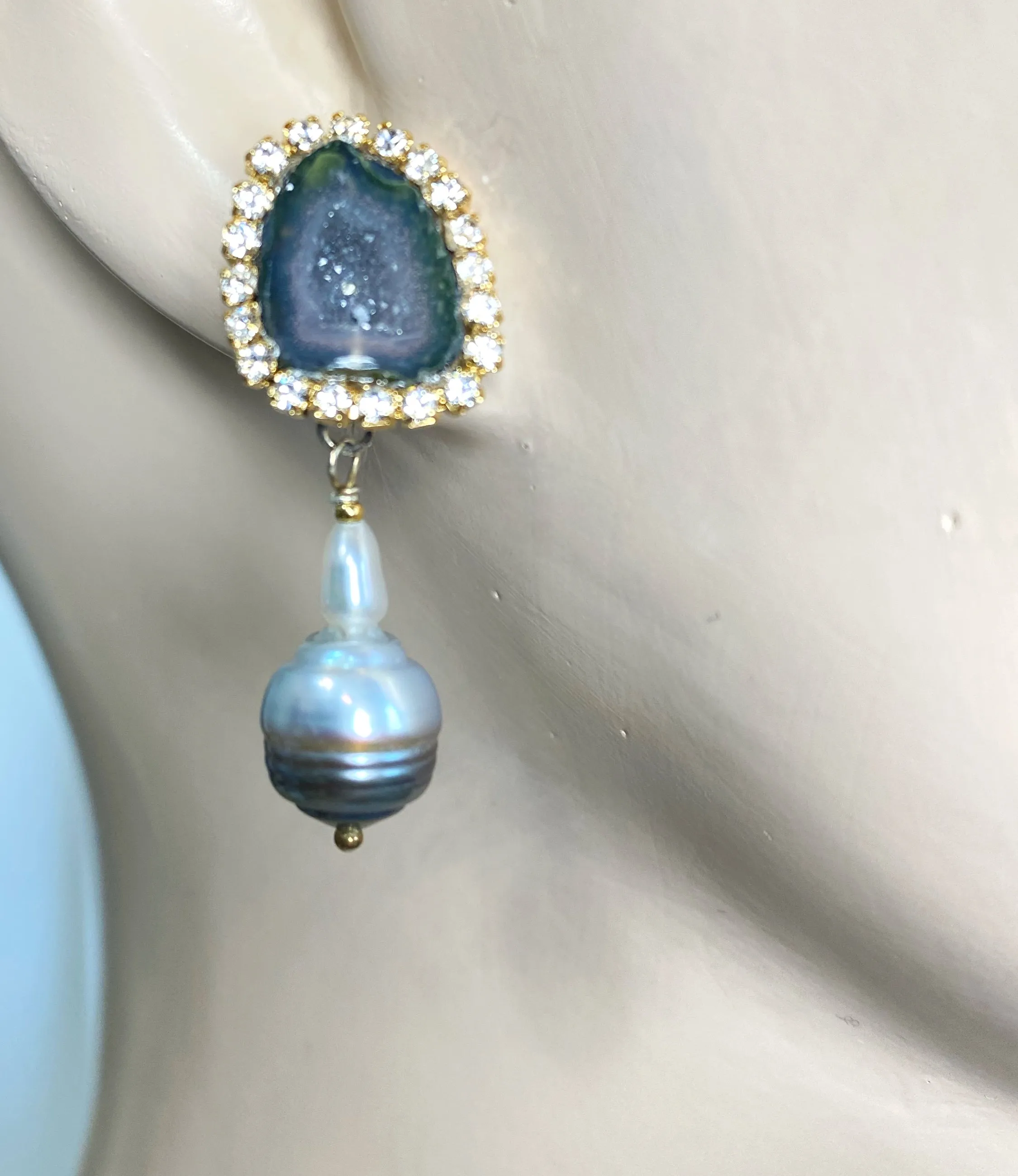 Black Tabasco Geode Earrings with Tahitian Pearls