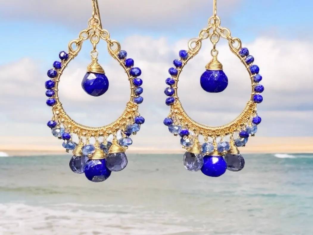 Blue Gemstone Gold Hoop Chandelier Earrings Lapis Kyanite Iolite