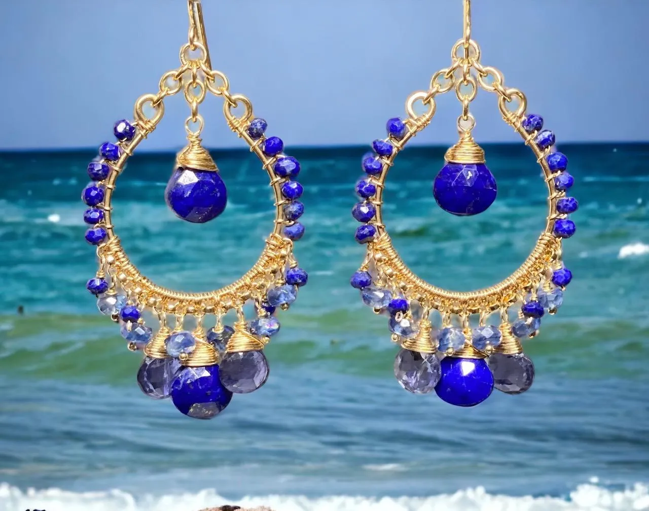 Blue Gemstone Gold Hoop Chandelier Earrings Lapis Kyanite Iolite