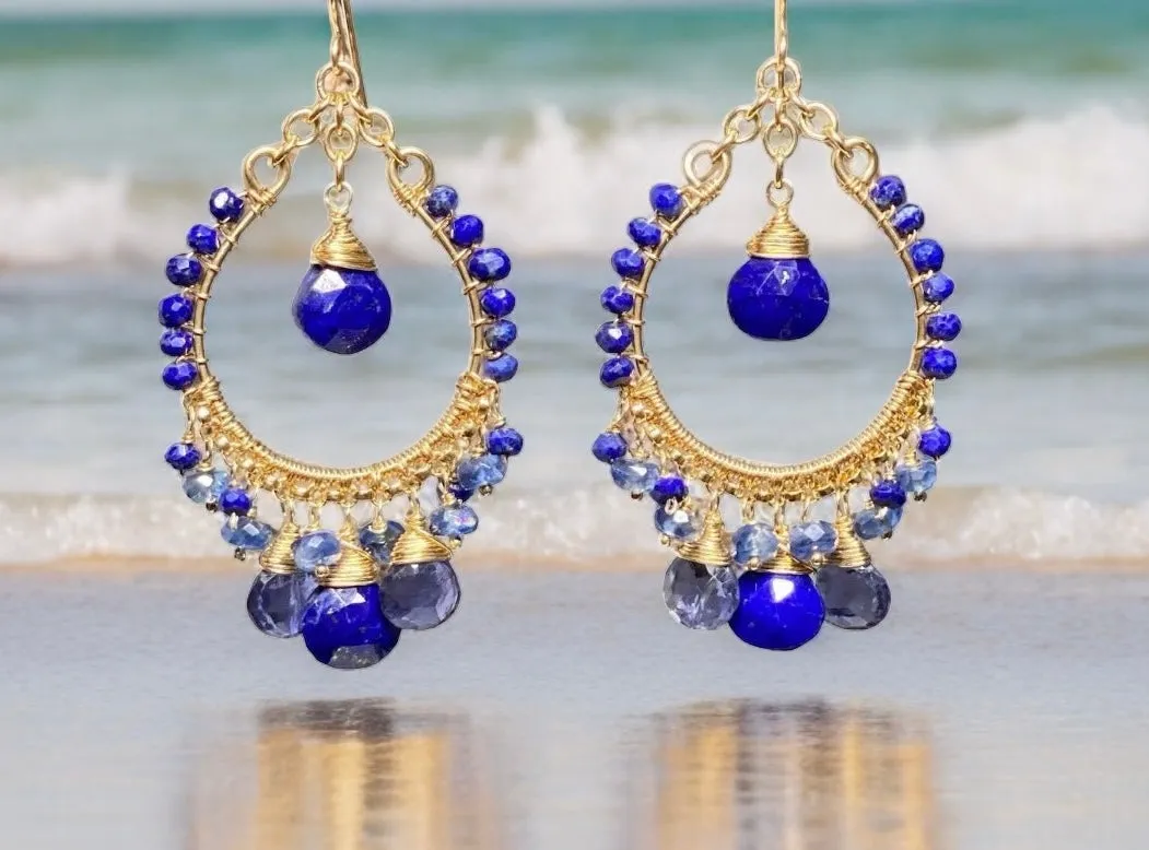 Blue Gemstone Gold Hoop Chandelier Earrings Lapis Kyanite Iolite
