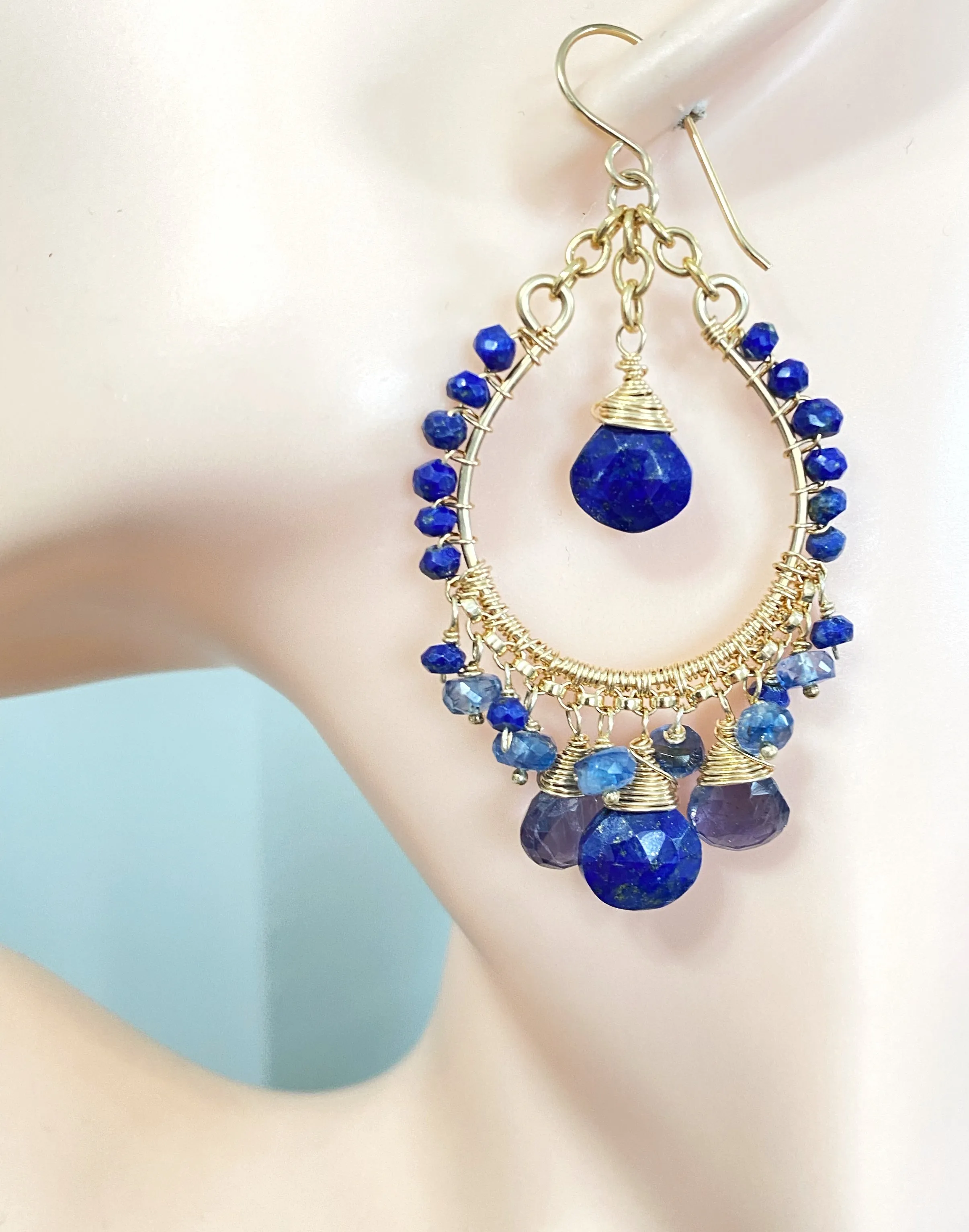 Blue Gemstone Gold Hoop Chandelier Earrings Lapis Kyanite Iolite