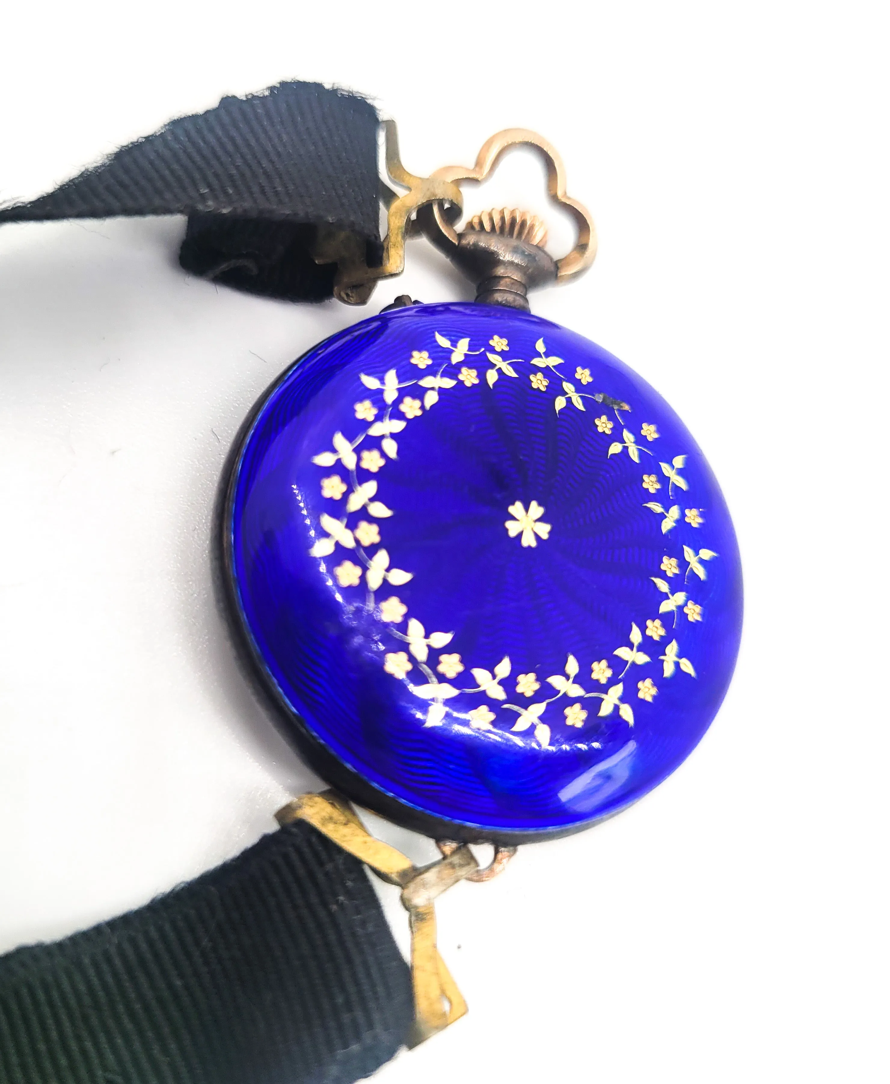 Blue Guilloche antique enamel gold filled porcelain ribbon pocket watch For repair