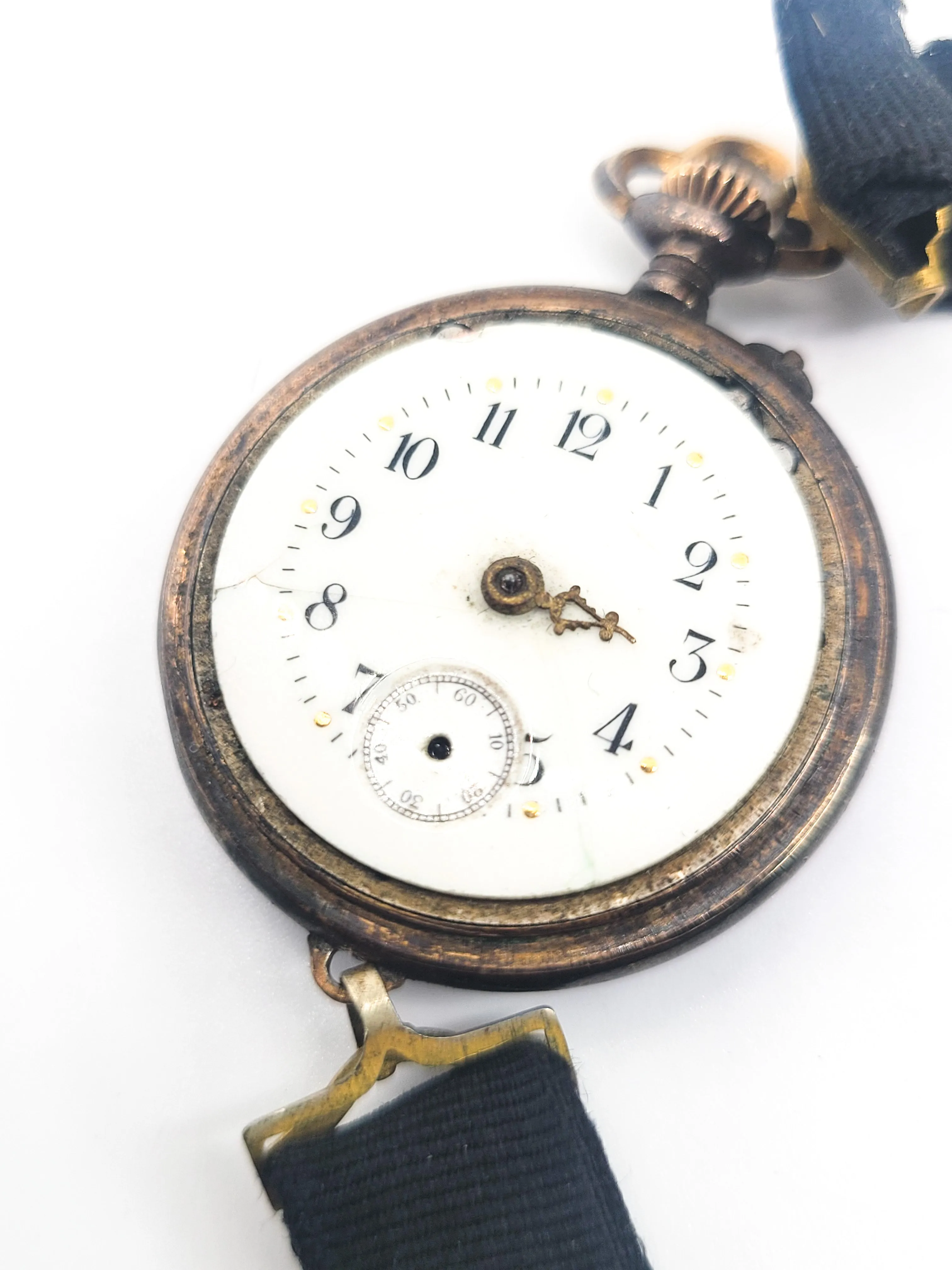 Blue Guilloche antique enamel gold filled porcelain ribbon pocket watch For repair