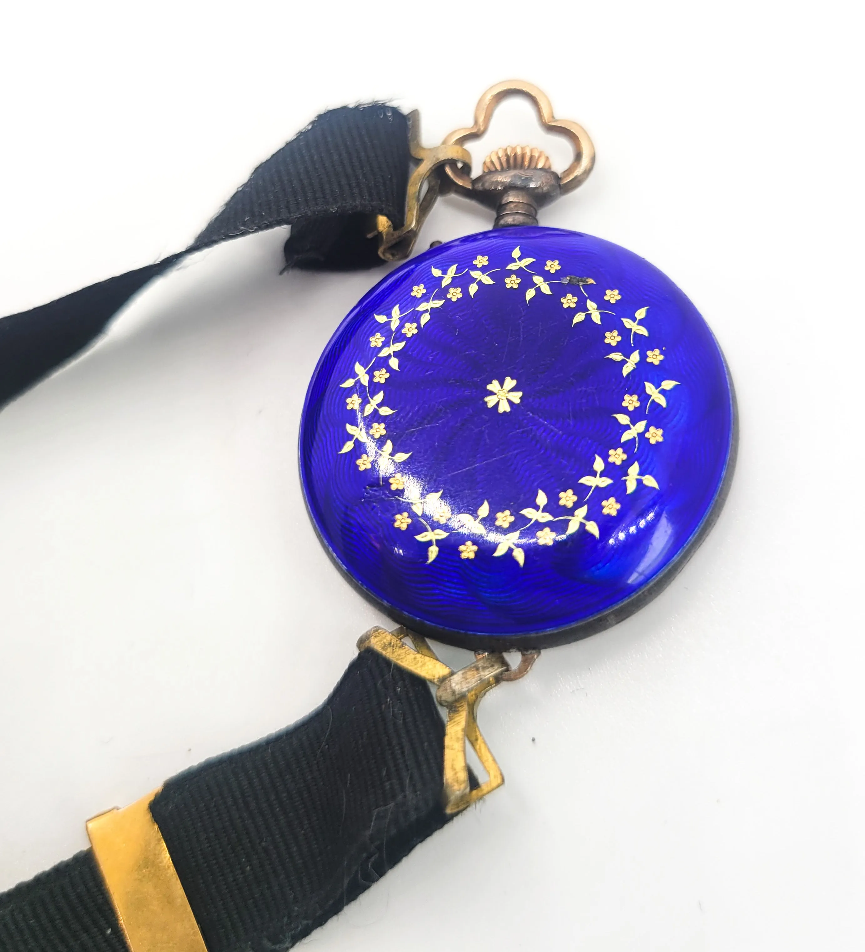 Blue Guilloche antique enamel gold filled porcelain ribbon pocket watch For repair