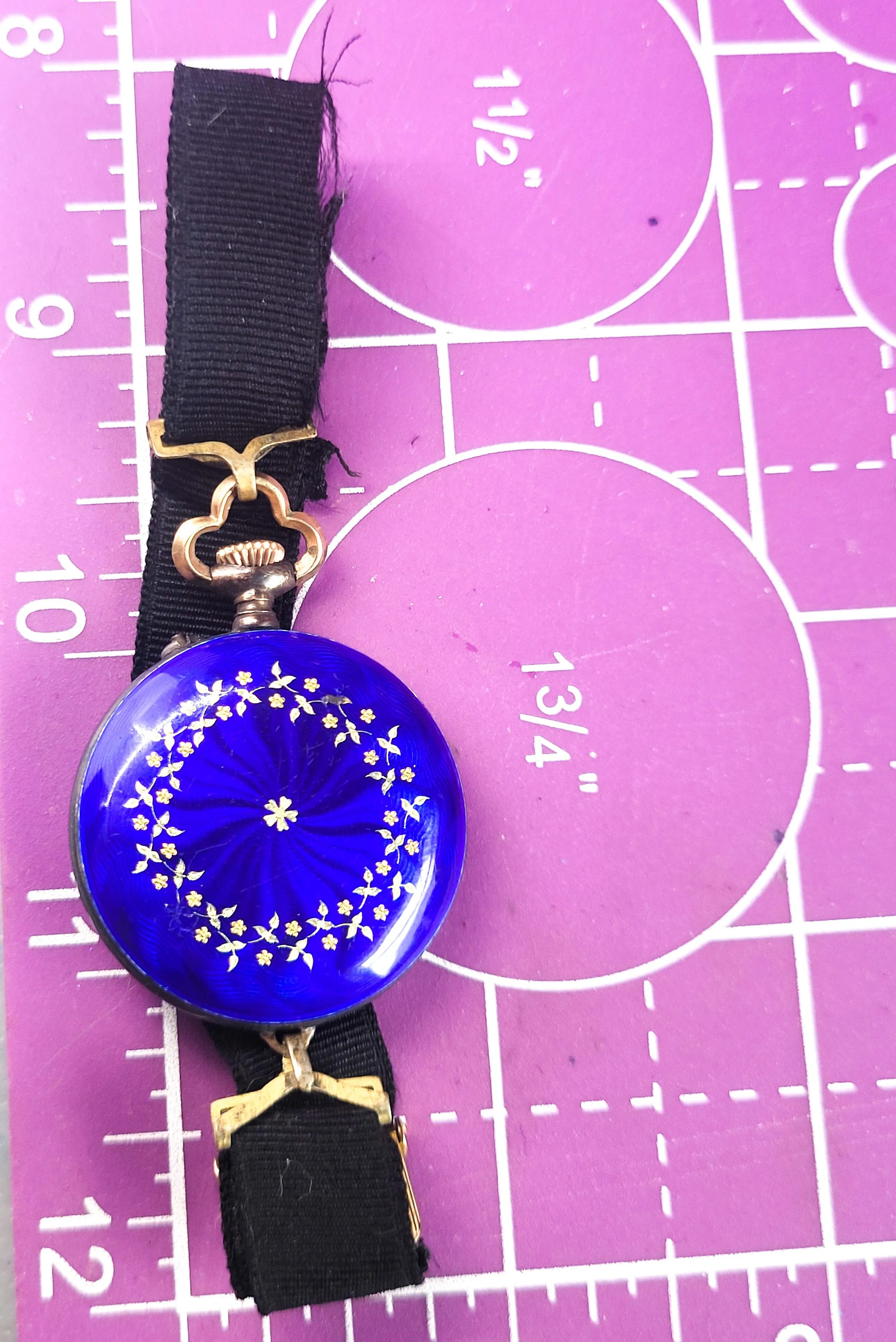 Blue Guilloche antique enamel gold filled porcelain ribbon pocket watch For repair
