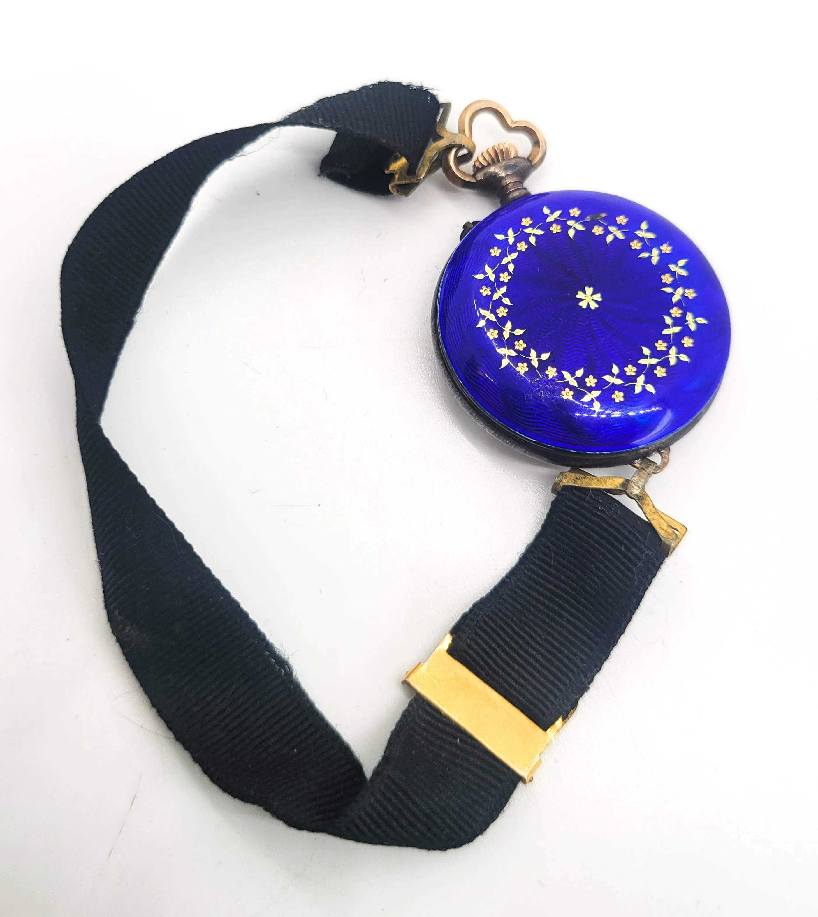 Blue Guilloche antique enamel gold filled porcelain ribbon pocket watch For repair