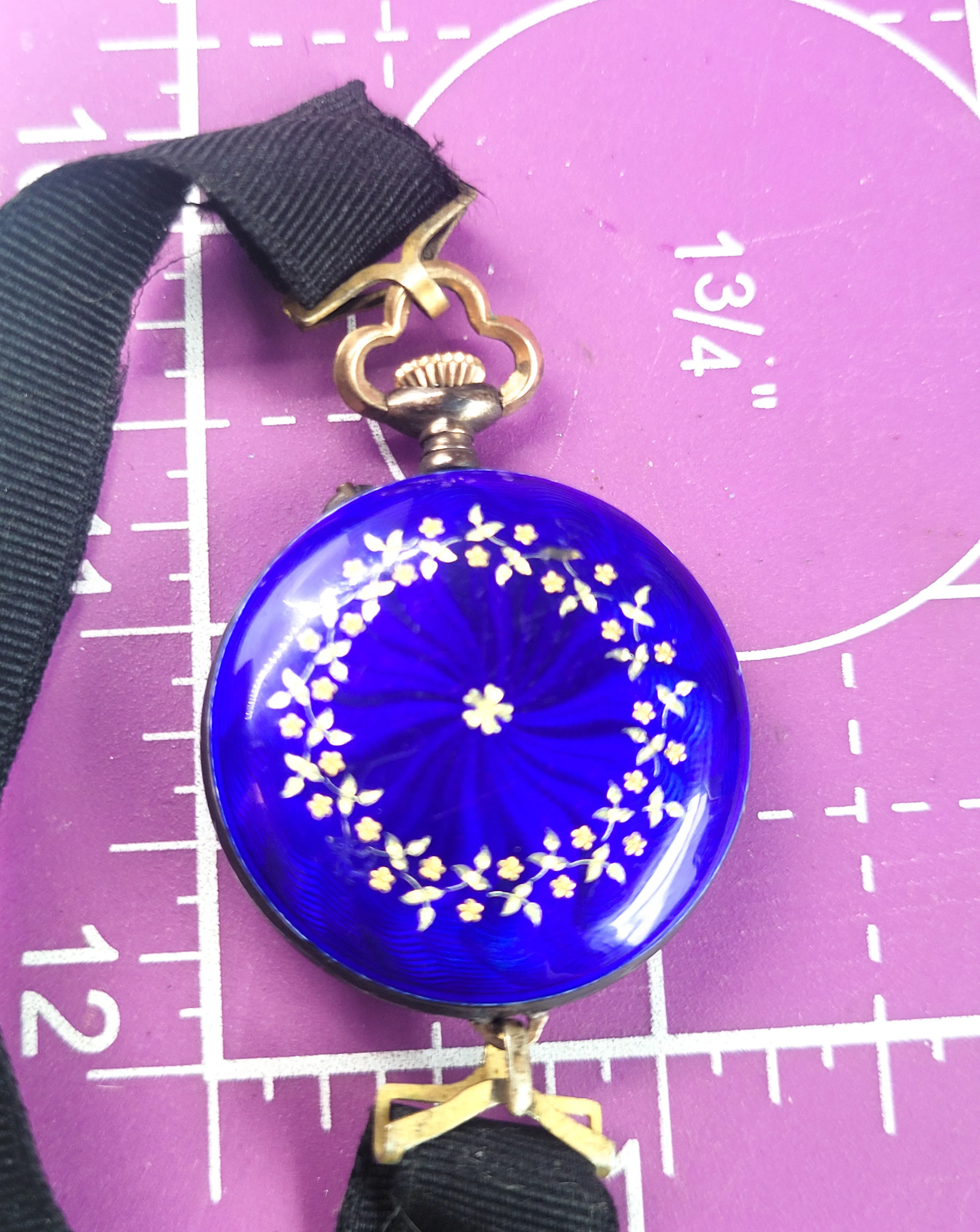 Blue Guilloche antique enamel gold filled porcelain ribbon pocket watch For repair