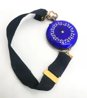 Blue Guilloche antique enamel gold filled porcelain ribbon pocket watch For repair