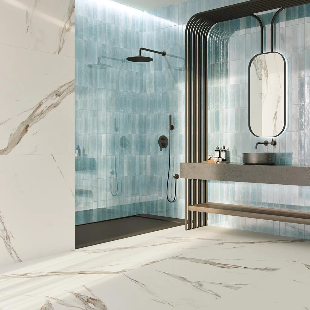 Calacatta Floor Tile - Wall Or Floor Mount - 35.4 x 35.4" Porcelain/Super White Satin - Piece : 8.72 SqFt = $ 7.36 / Box: 8.72 Sqft = $ 65.00 - Pieces Per Box: 1 Unit