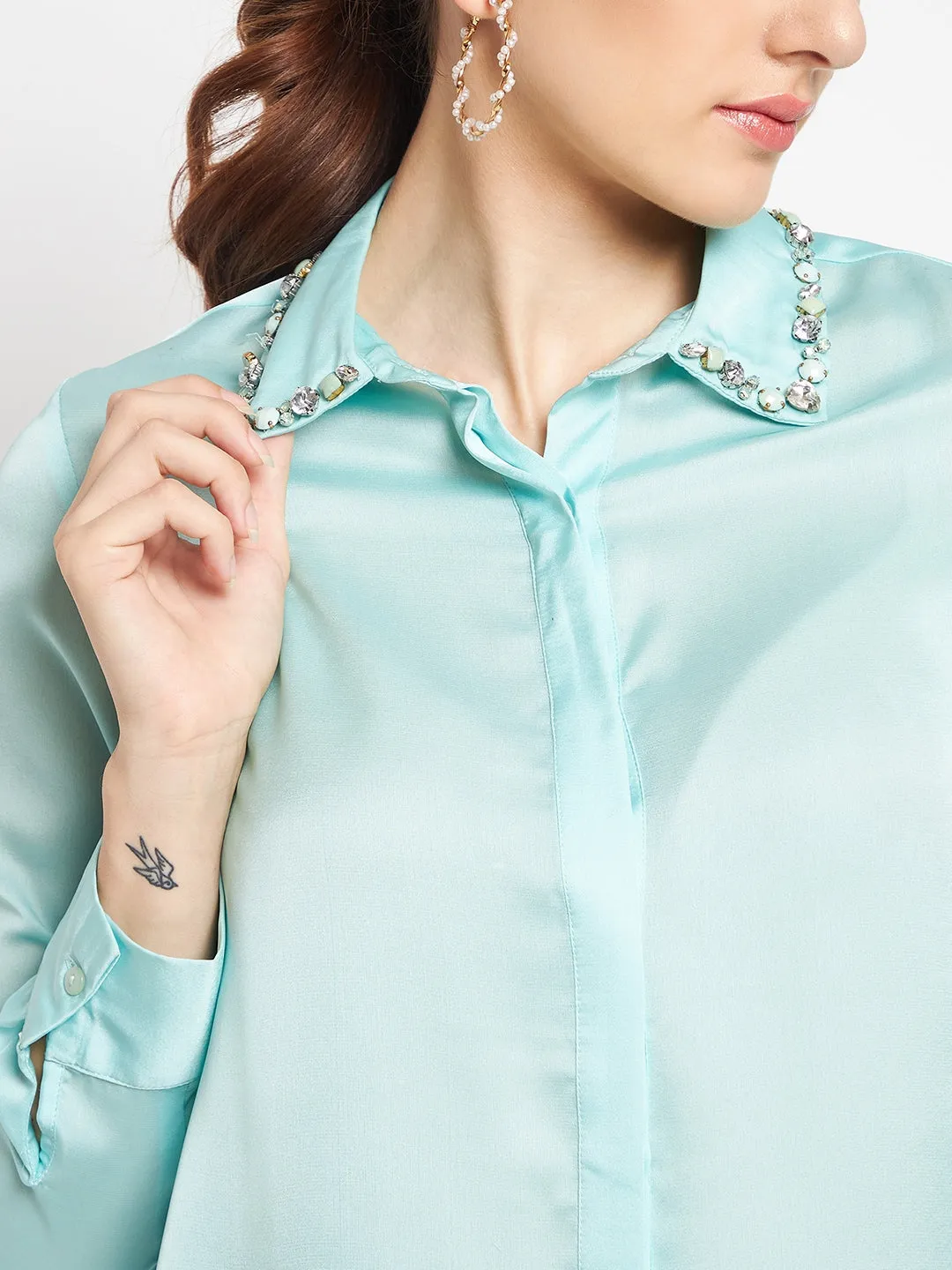 Camla Barcelona Embellished Collar Full Sleeve Green Satin Shirt