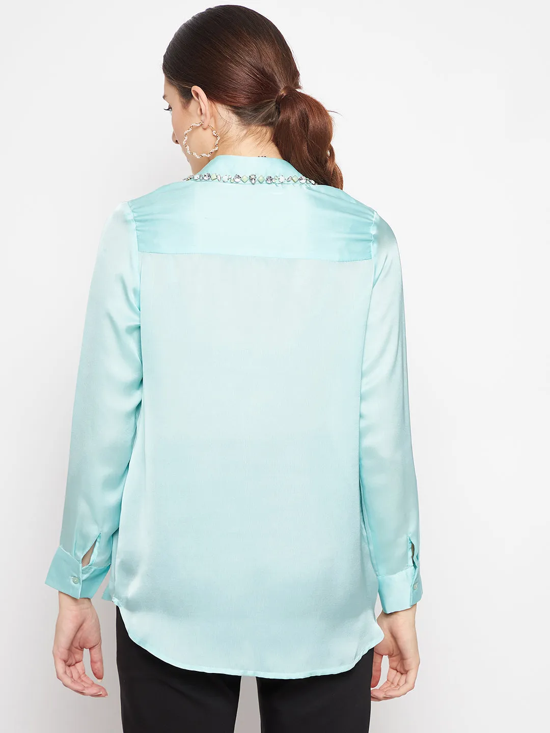 Camla Barcelona Embellished Collar Full Sleeve Green Satin Shirt
