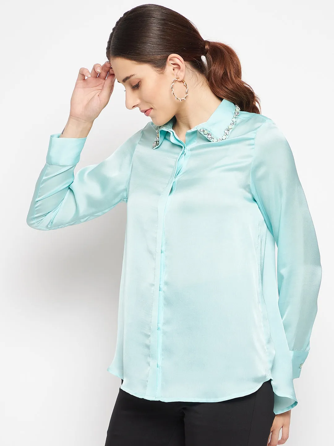 Camla Barcelona Embellished Collar Full Sleeve Green Satin Shirt