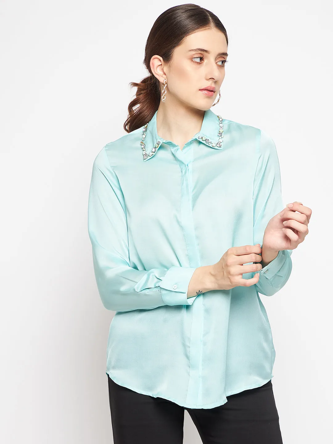 Camla Barcelona Embellished Collar Full Sleeve Green Satin Shirt