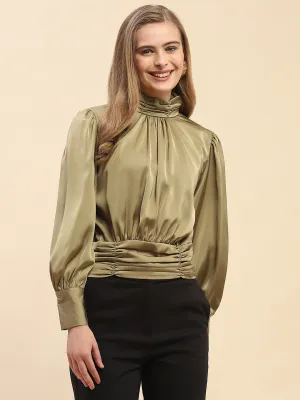 Camla Barcelona High Neck Olive Green Puff Sleeve Satin Top