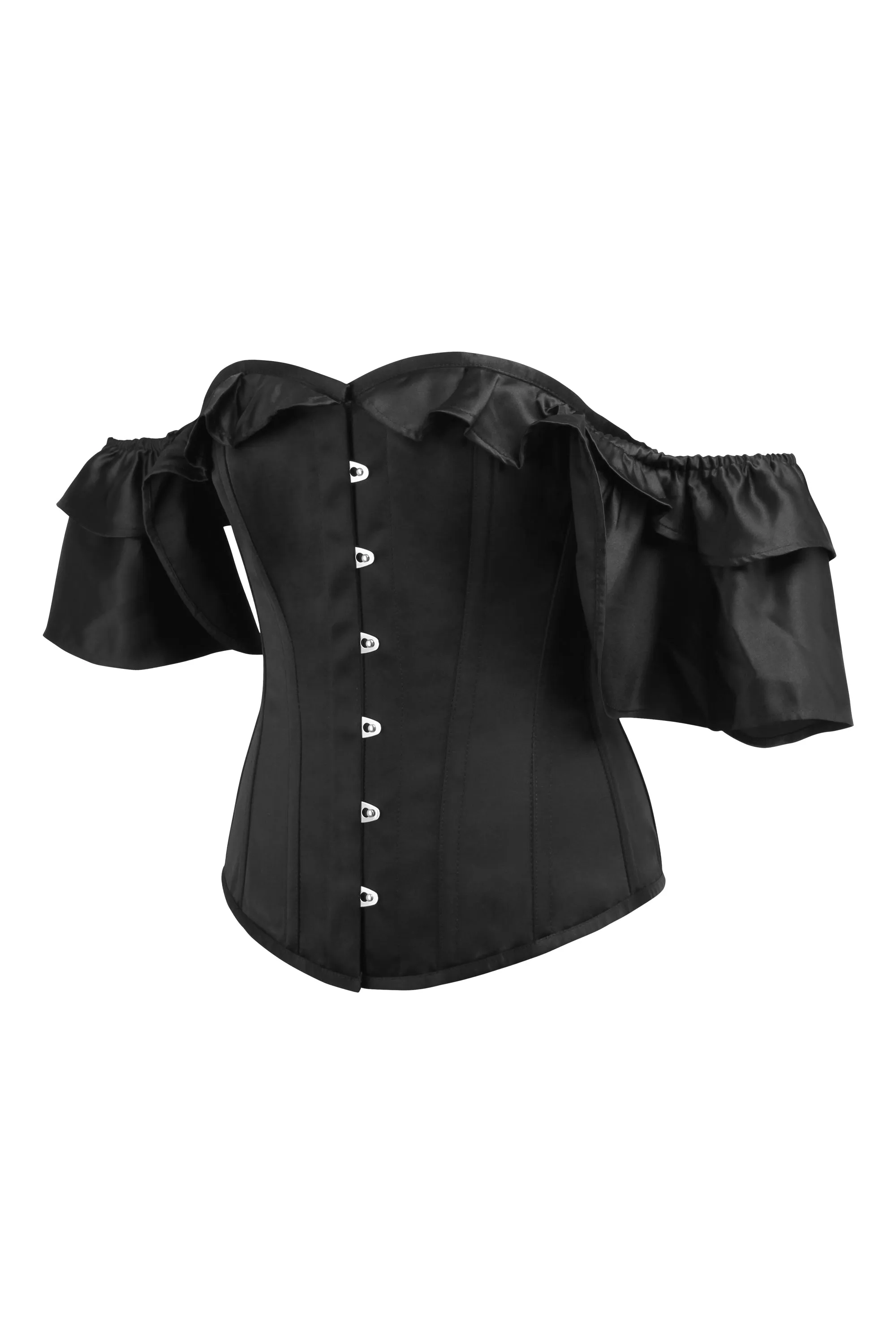 Caoimhe Black Satin Corset With Off The Shoulder Frilled Sleeves