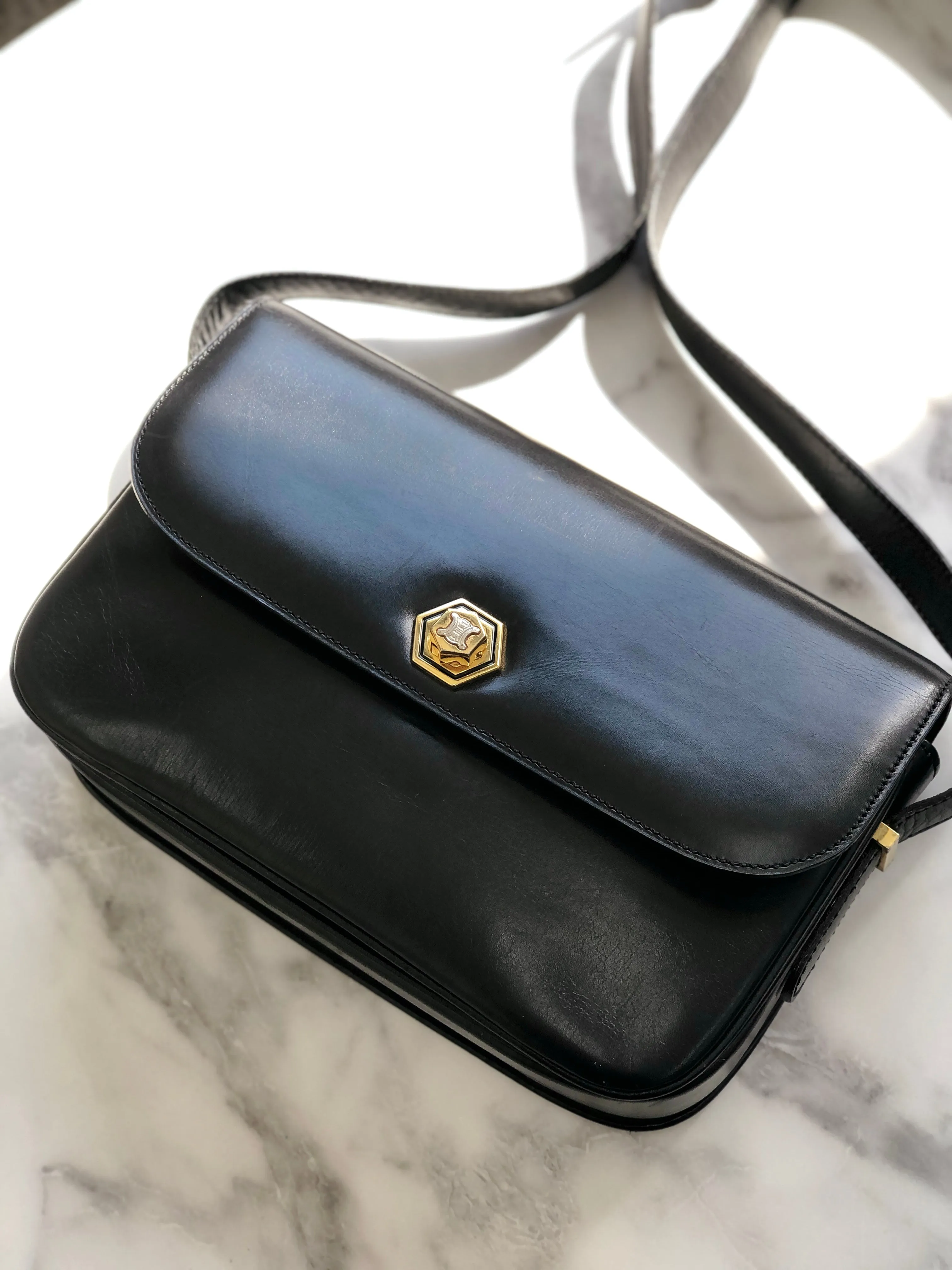 CELINE Blason Triomphe Turn lock Crossbody Shoulderbag Black Vintage Old CELINE pcmwku