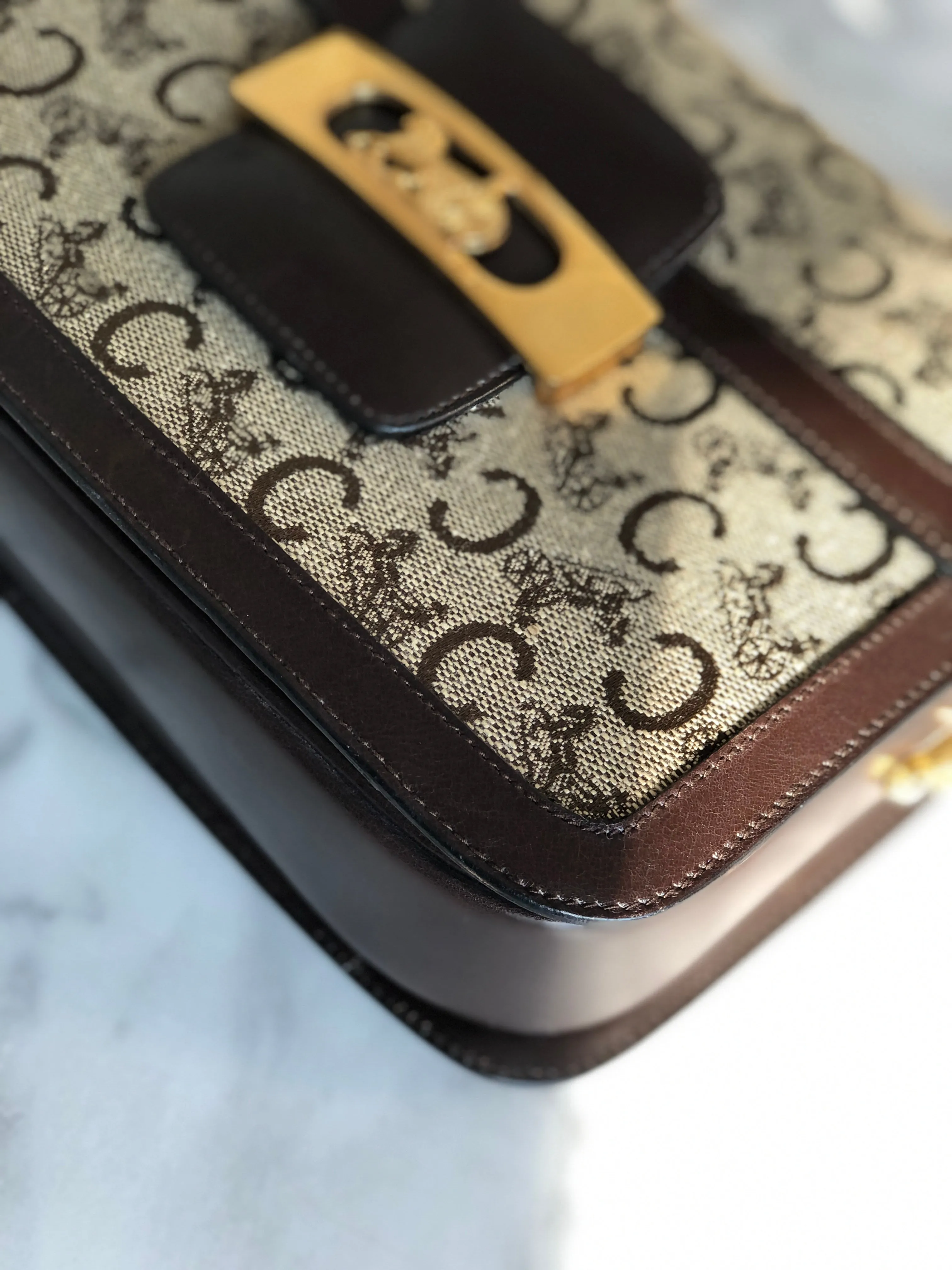 CELINE C Macadam Horse carriage Jacquard Shoulder bag Brown Vintage Old CELINE 5chm38