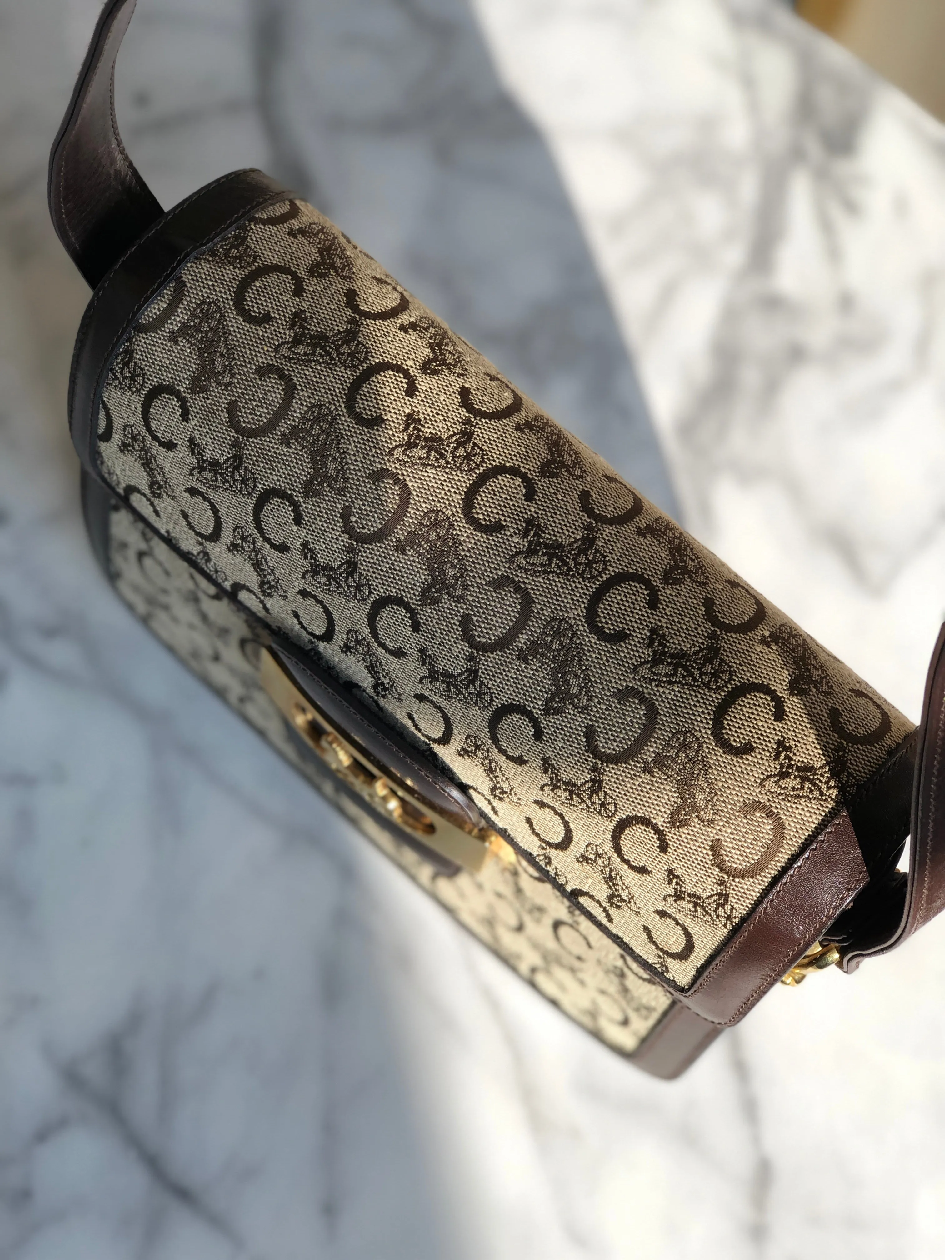 CELINE C Macadam Horse carriage Jacquard Shoulder bag Brown Vintage Old CELINE 5chm38