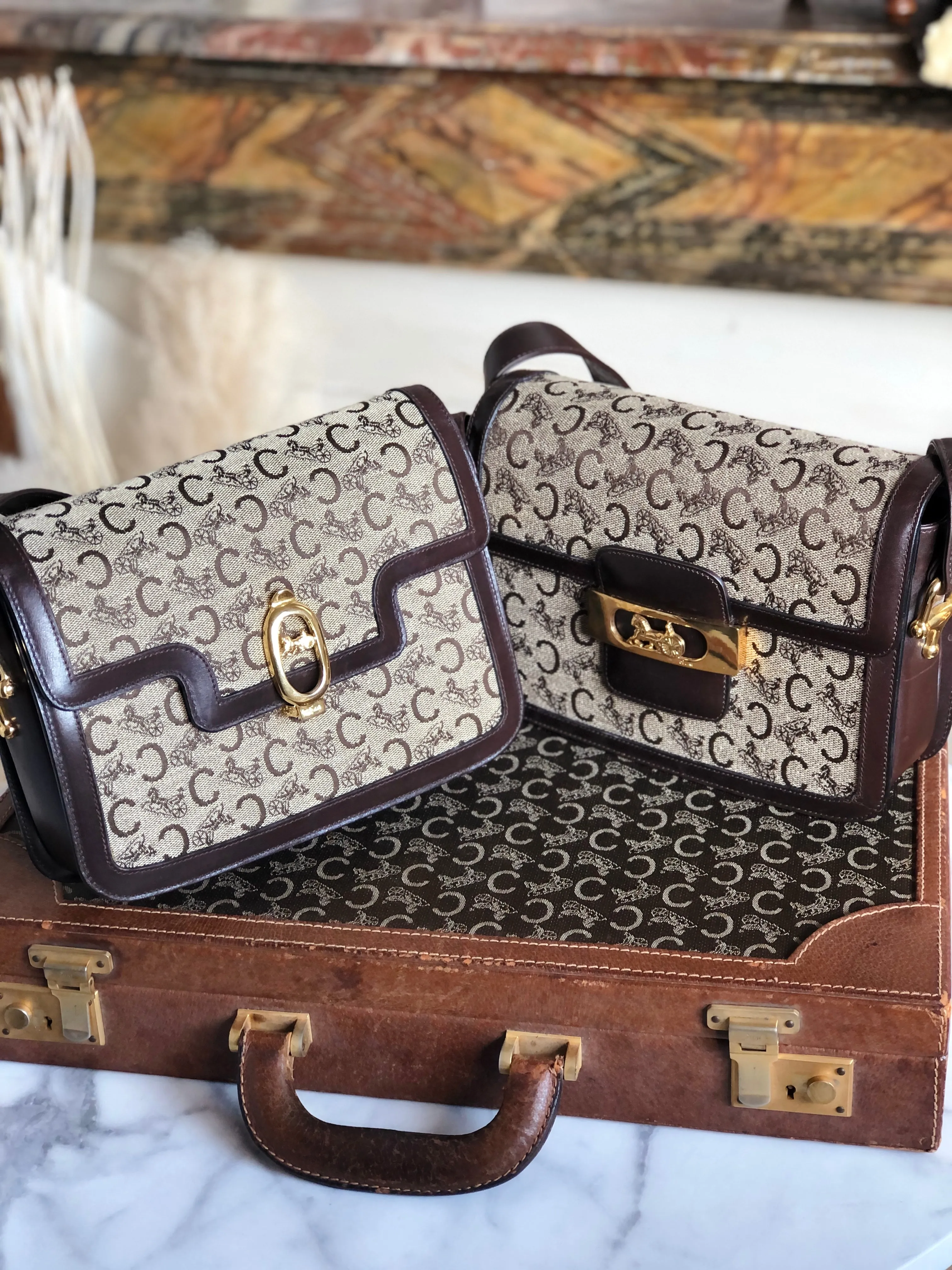 CELINE C Macadam Horse carriage Jacquard Shoulder bag Brown Vintage Old CELINE 5chm38