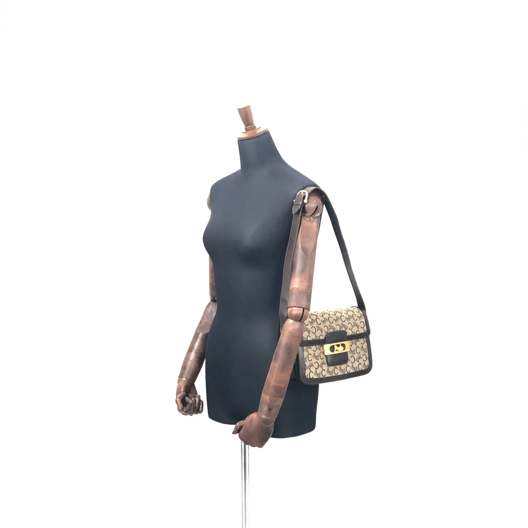 CELINE C Macadam Horse carriage Jacquard Shoulder bag Brown Vintage Old CELINE 5chm38
