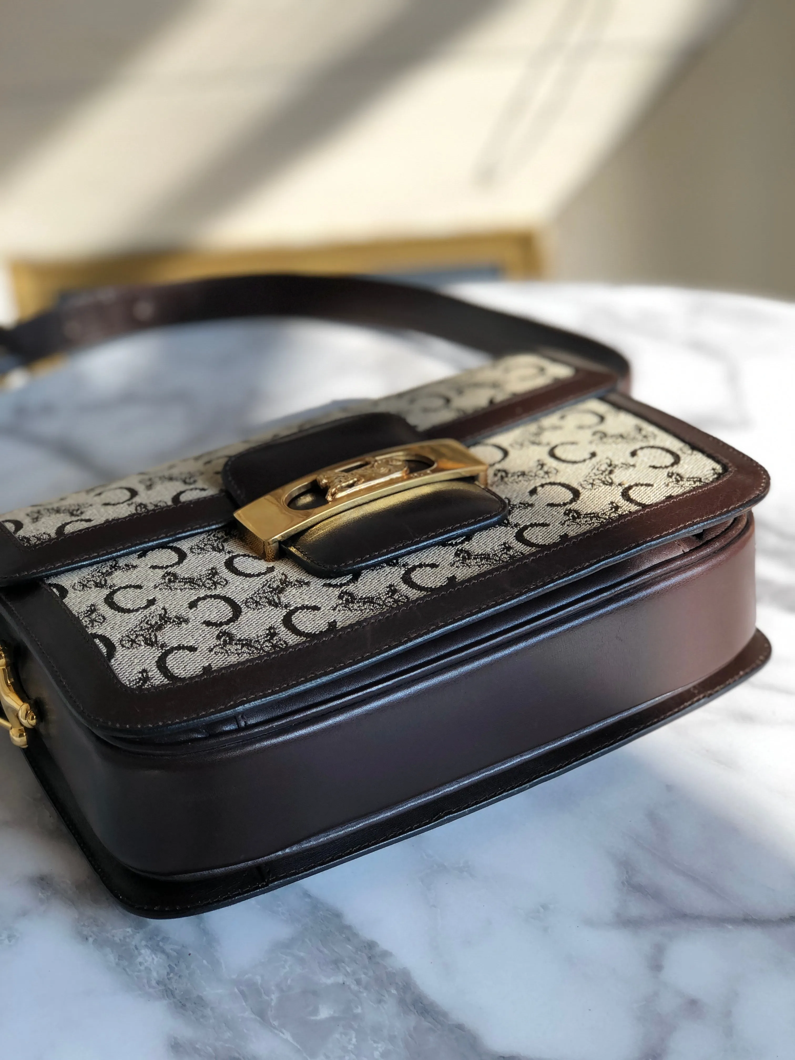 CELINE C Macadam Horse carriage Jacquard Shoulder bag Brown Vintage Old CELINE 5chm38