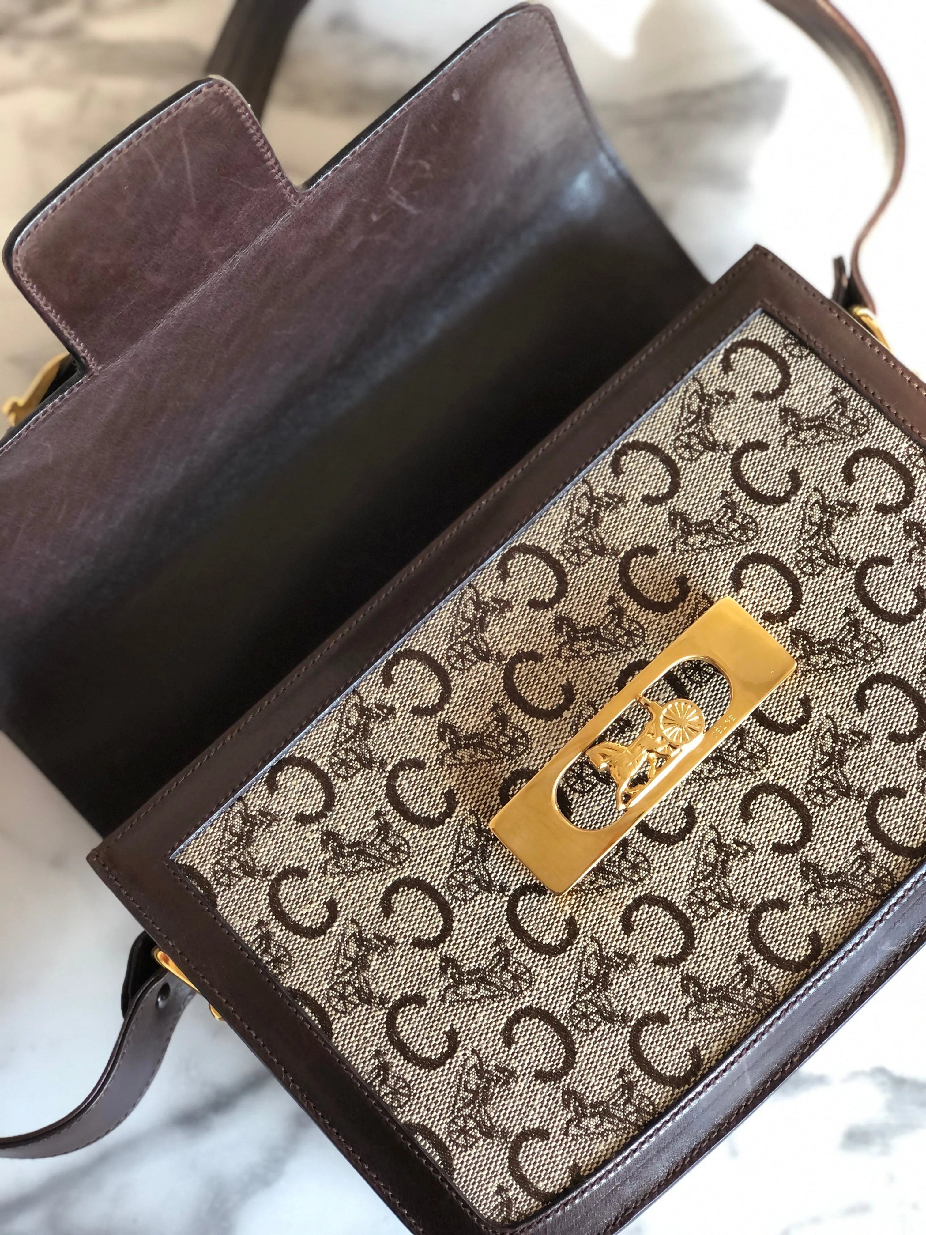 CELINE C Macadam Horse carriage Jacquard Shoulder bag Brown Vintage Old CELINE 5chm38