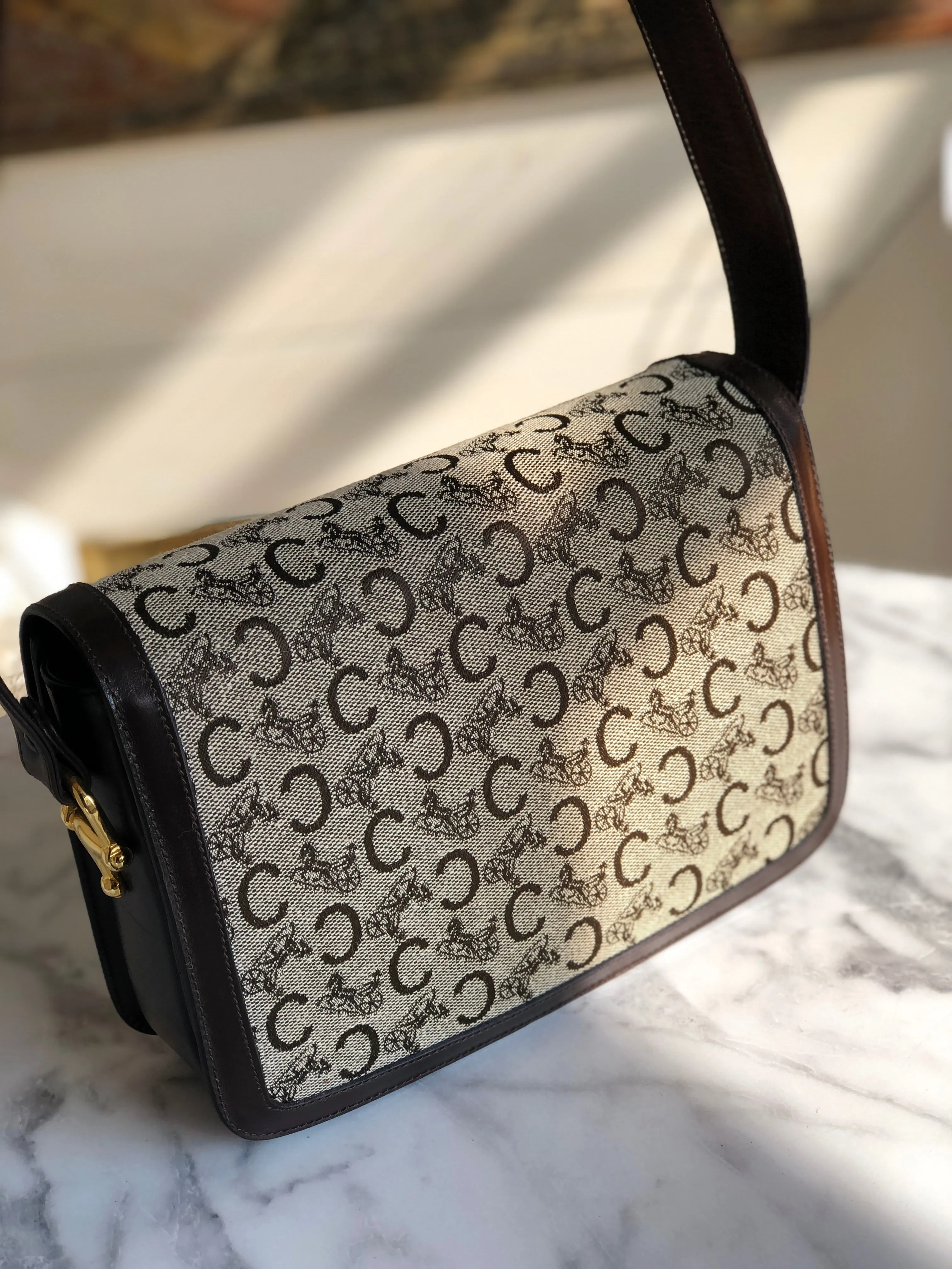 CELINE C Macadam Horse carriage Jacquard Shoulder bag Brown Vintage Old CELINE 5chm38