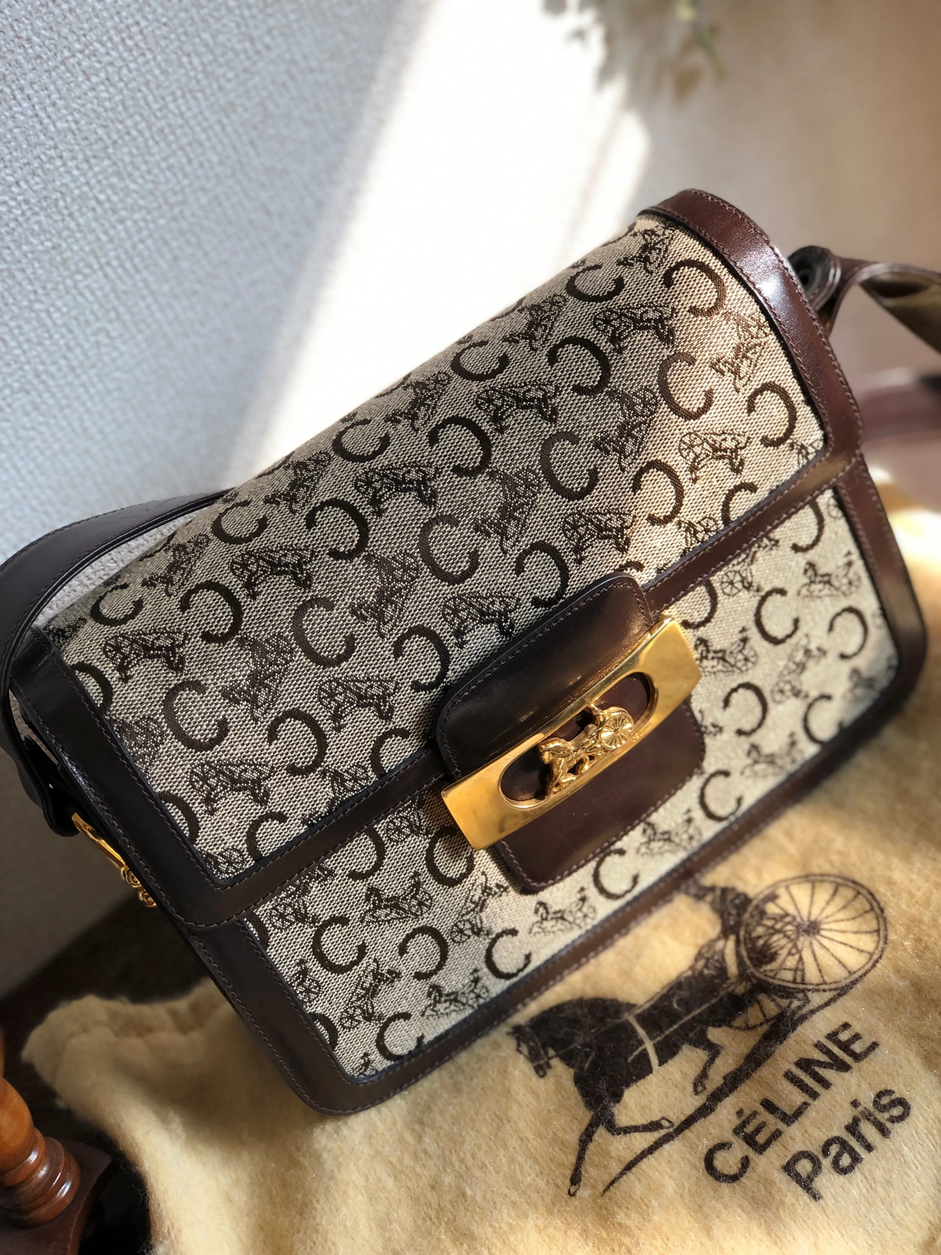 CELINE C Macadam Horse carriage Jacquard Shoulder bag Brown Vintage Old CELINE 5chm38